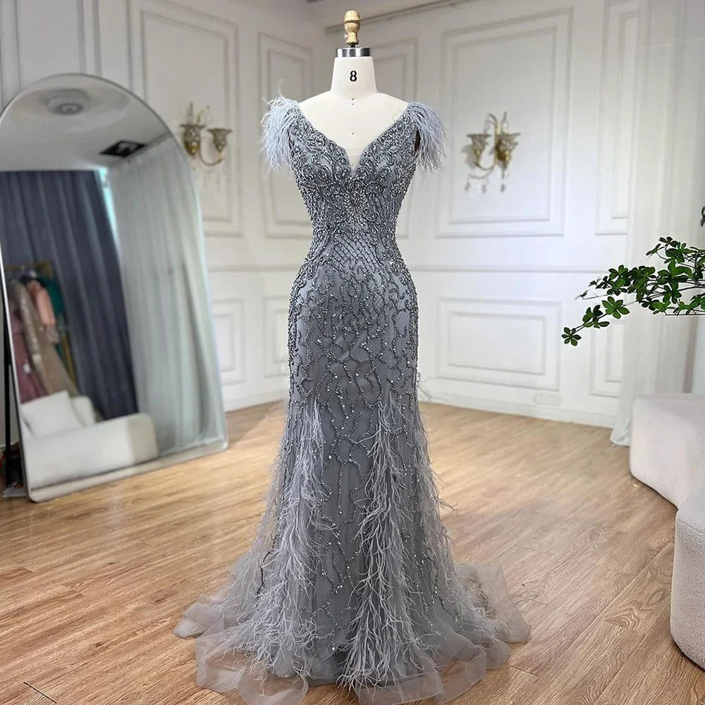 Elegant Champagne Mermaid Evening Dress with Diamond Feathers - Sleeveless Formal Beaded Gown for Women | Perfect for Prom, Wedding Guest & Black Tie Events - LA70350