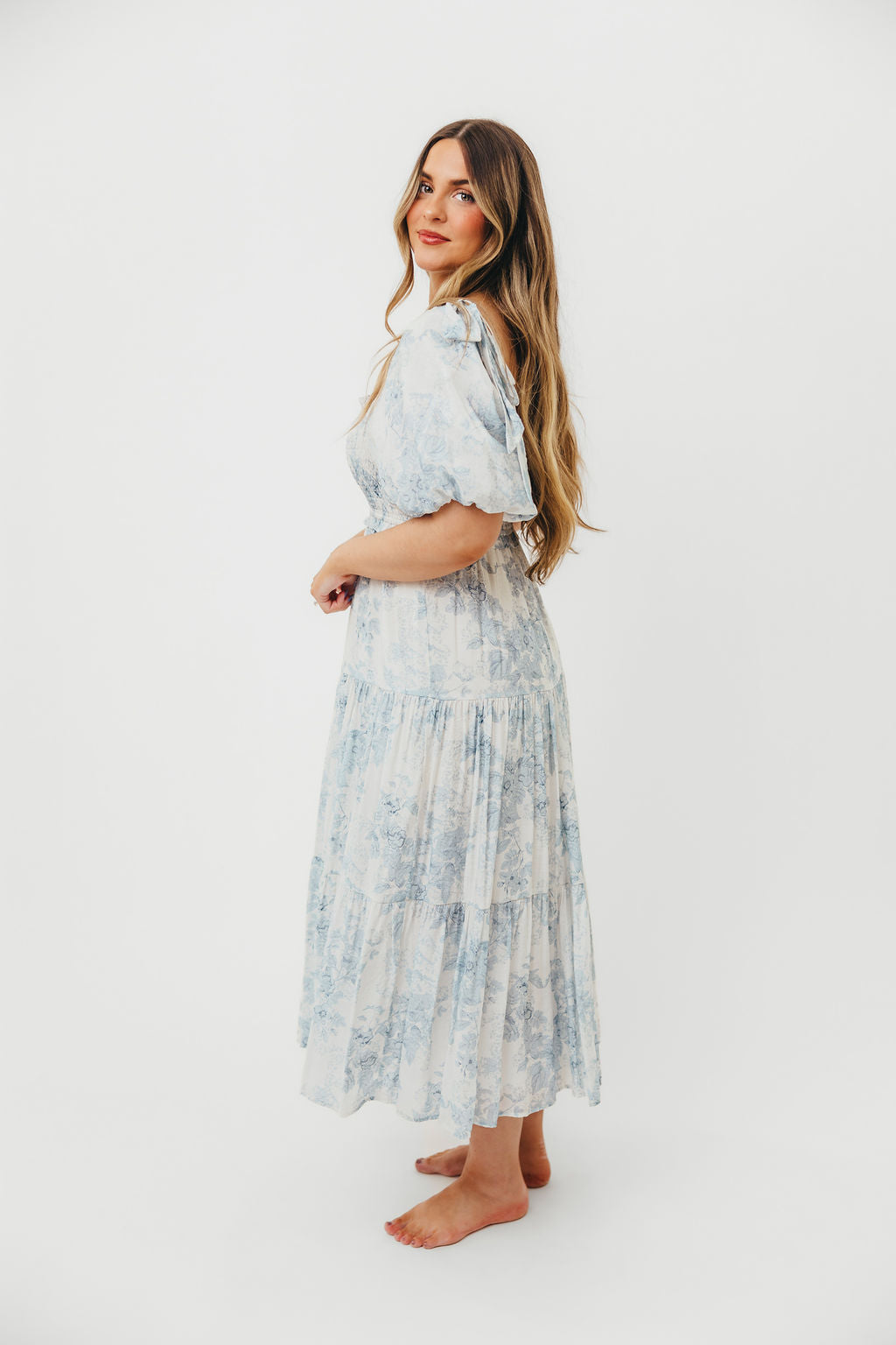 Elena Floral Print Smocked Midi Dress in Blue - Bump Friendly Maternity Dress & Inclusive Sizing for Women - Perfect for Baby Showers, Bridal Events & Summer Weddings