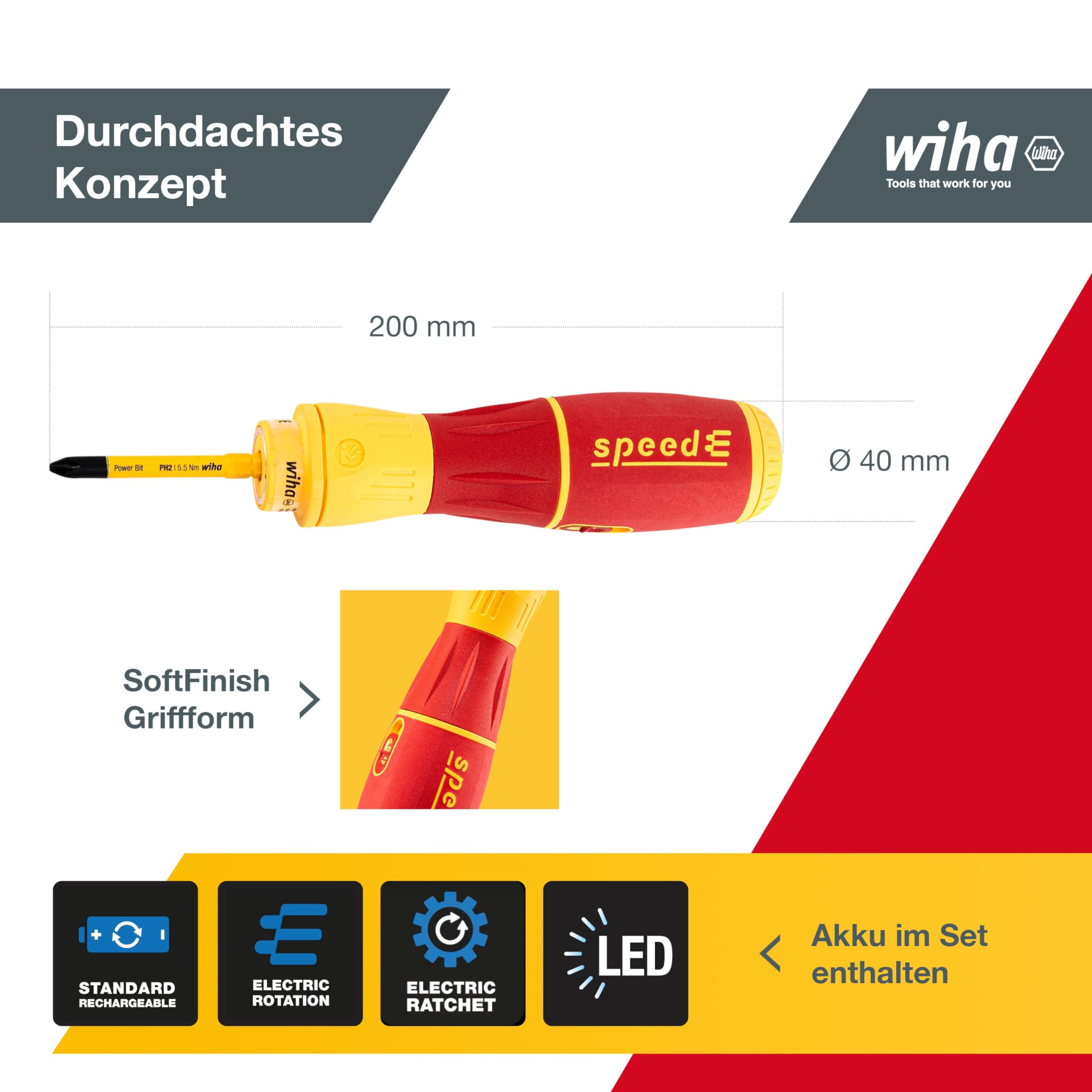 Wiha SpeedE® II Electric Screwdriver Kit (44318) - 7-Piece Set with SlimBits, Rechargeable Battery & USB Cable - 0.4 nm Torque + LED Light - Perfect for DIY Projects, Electronics Repair, and Home Maintenance in L-Boxx Mini Case