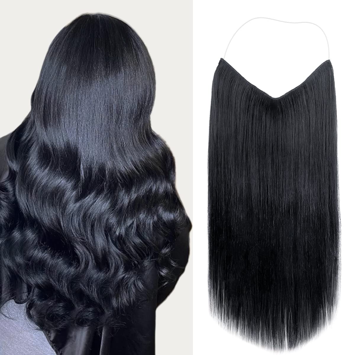 Marat 20 Inch 110g Jet Black Remy Human Hair Extensions with Invisible Wire - Real Human Hair Weft for Natural Look | Perfect for Parties, Weddings & Daily Styling