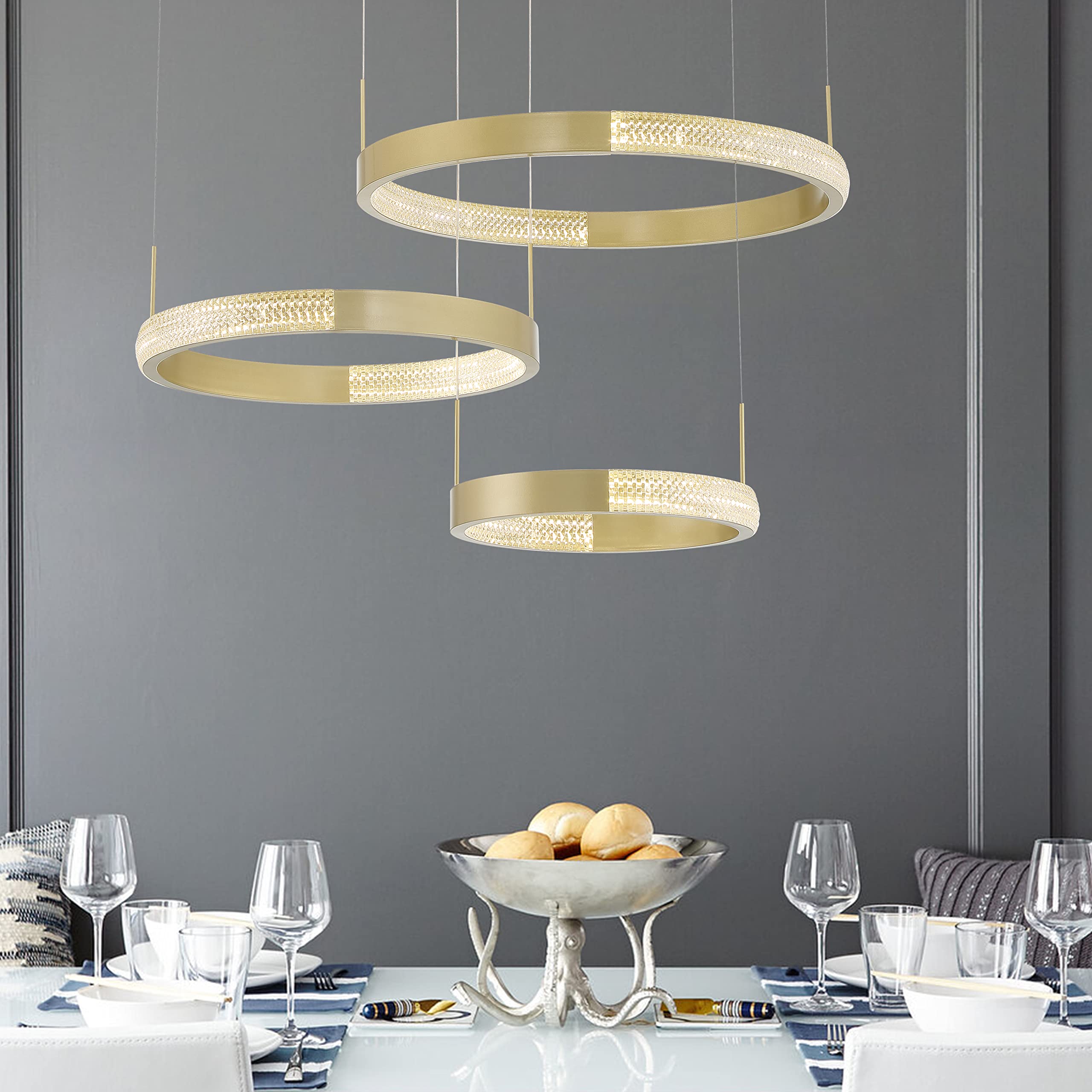 Vanity Art 3-Light Modern LED Chandelier - Gold Tiered Hanging Light Fixture for Dining Room, Living Room, Bedroom & Kitchen | Elegant Ceiling Lighting for Home Decor, Parties & Romantic Dinners (Model: SYLED1293-BD)