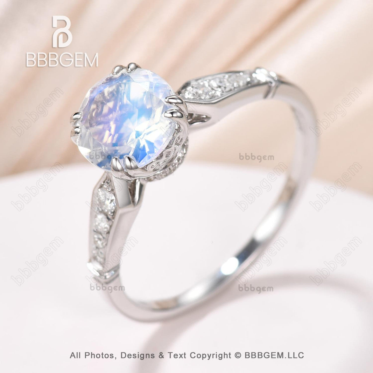 18K White Gold 7mm Round Moonstone Diamond Engagement Ring with Hidden Halo & Floral Cathedral Setting - Perfect for Proposals, Weddings, and Anniversary Gifts