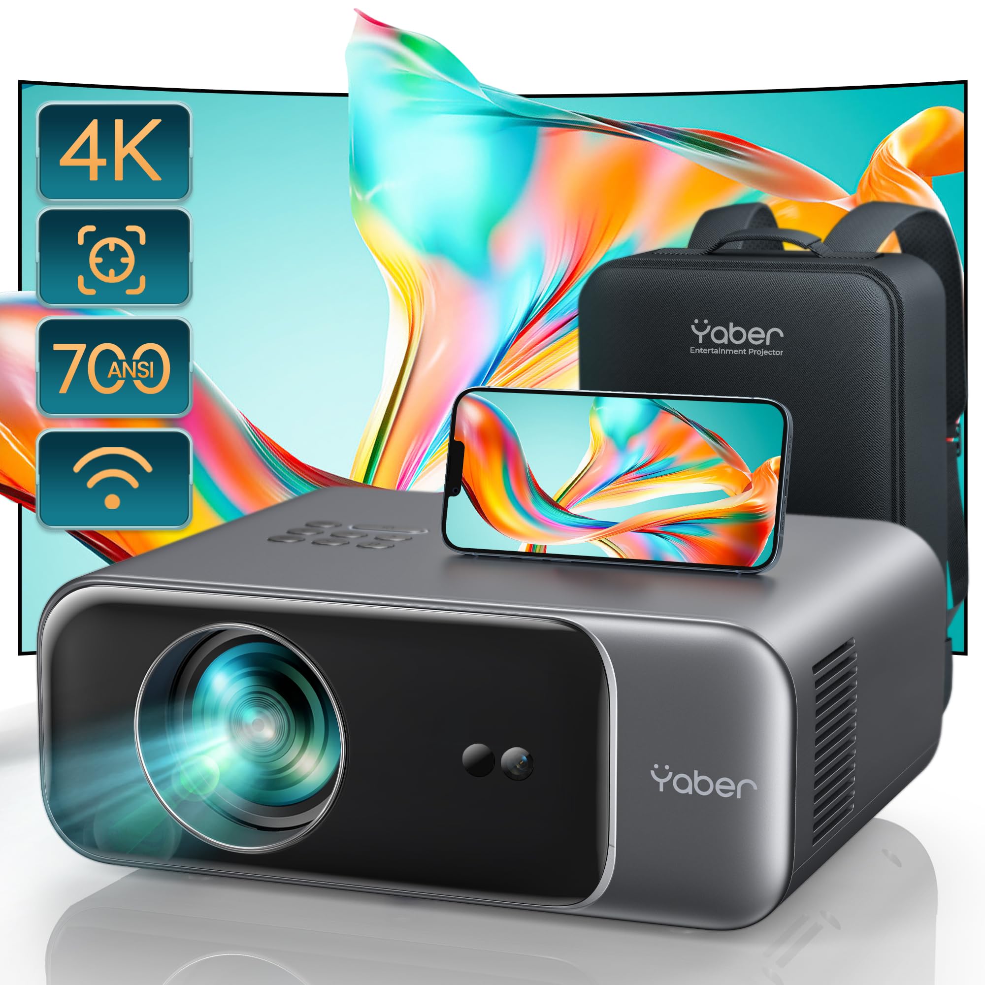 YABER V9 4K Projector with WiFi-6 & Bluetooth 5.2 - 700 ANSI Lumen 1080P Outdoor Movie Projector, Auto Focus & 6D Keystone Correction, 50% Zoom Portable Home Theater Projector for iOS/Android/TV Stick/PC/PS5 - Perfect for Backyard Movies, Gaming & Home Entertainment