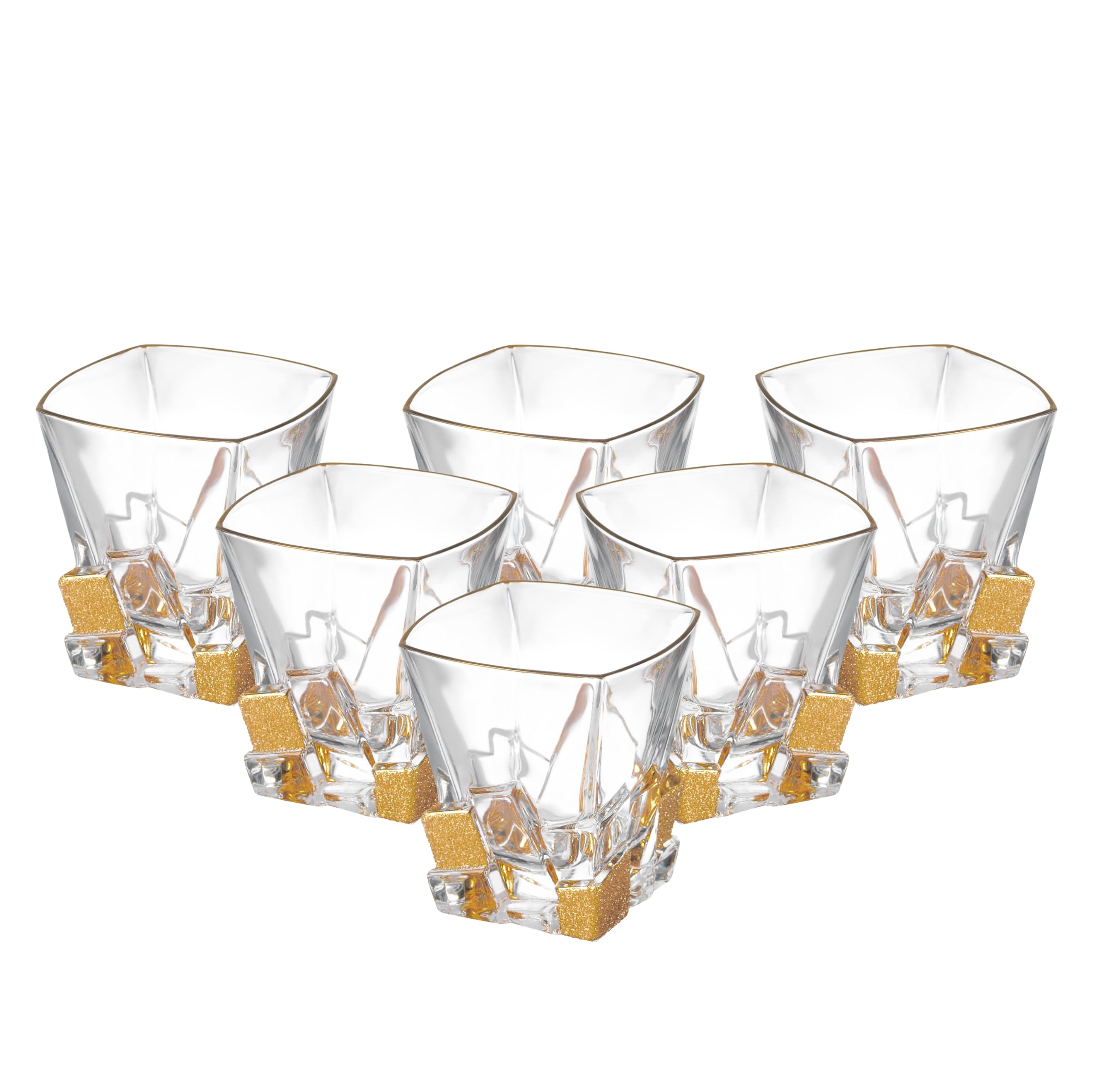 Barski European Crystal Glass Set of 6 - 11.7 oz Square Double Old Fashioned Tumblers with Matte Gold Ice Design - Premium Quality DOF Glasses Made in Europe - Perfect for Cocktails, Whiskey, Bourbon & Home Bar Decor