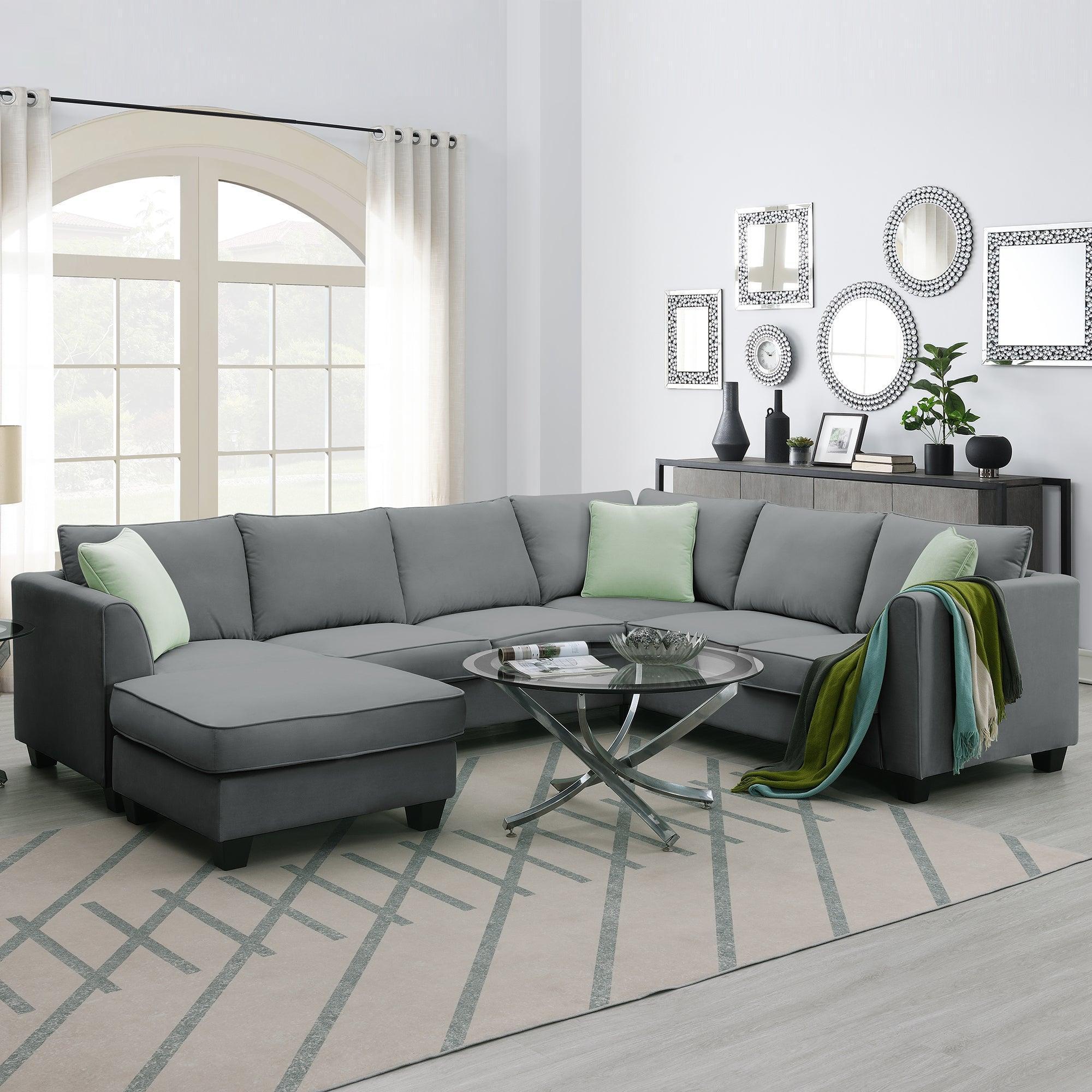 7-Seater Modular L-Shaped Sectional Sofa Set with Ottoman & 3 Pillows - 112x87 Inch Fabric Corner Couch for Living Room | Perfect for Family Gatherings & Home Theater Setup