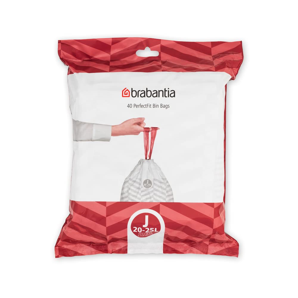 Brabantia PerfectFit Trash Bags - 40 Count J Size (5.3-6.6 Gallon) Heavy Duty Drawstring Trash Can Liners - Ideal for Kitchen, Bathroom & Office Waste Disposal