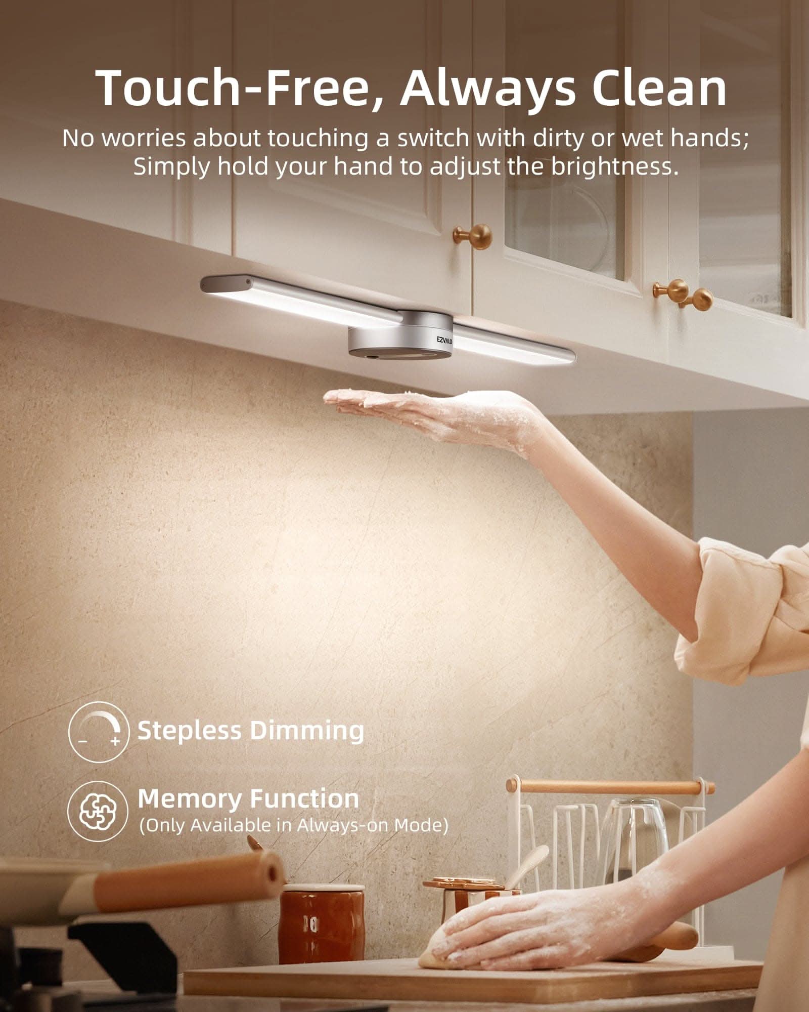 EZVALO EzLumiBar Pro Motion Sensor LED Cabinet Light - Rechargeable Under Cabinet Lighting with Hand Sweep Dimming, 3 Brightness Modes - Perfect for Kitchen, Closet, Bookshelf & Night Light Use