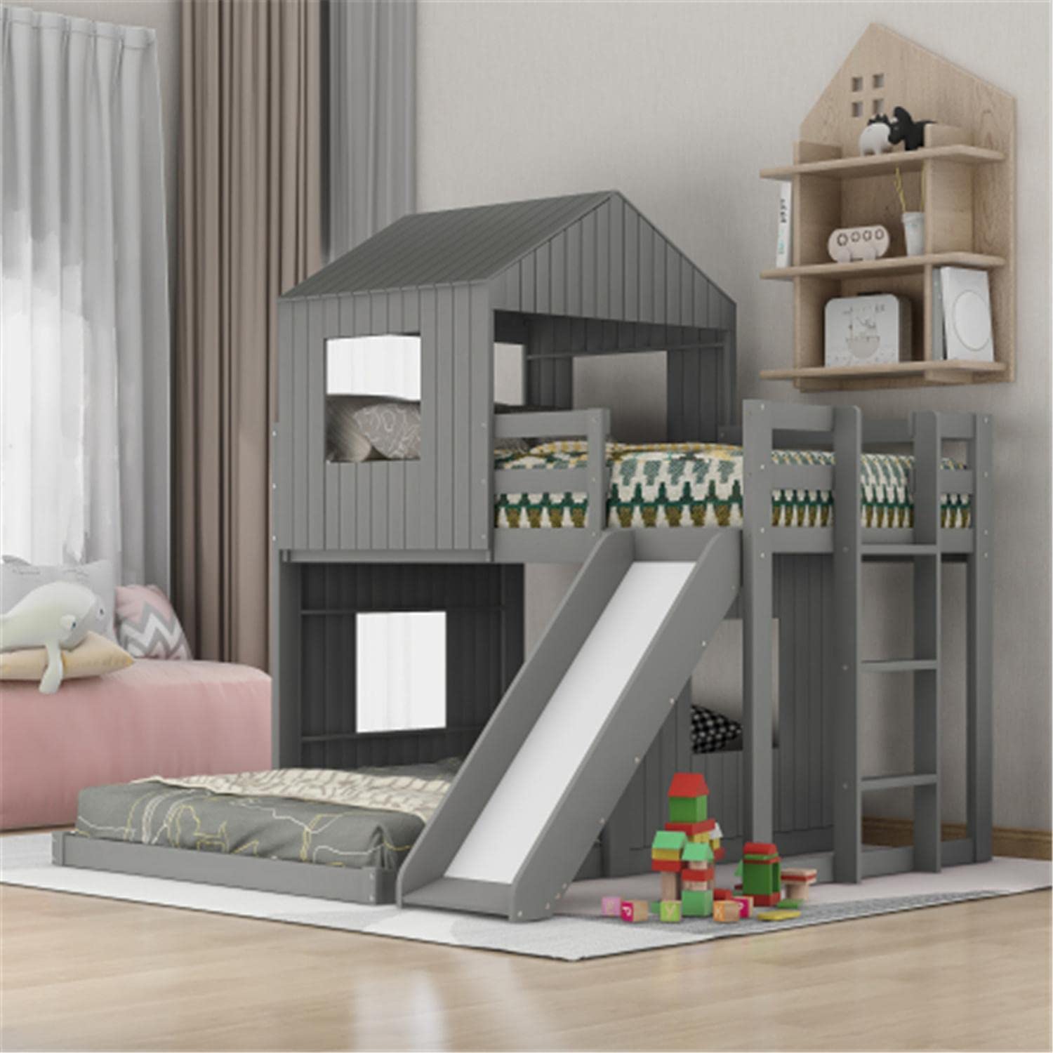 Twin Over Full Bunk Bed with Slide, Ladder & Guardrail - House-Shaped Loft Bed with Roof & Windows for Teens, Boys & Girls (Gray) - Perfect for Kids' Bedrooms, Playrooms & Space-Saving Solutions