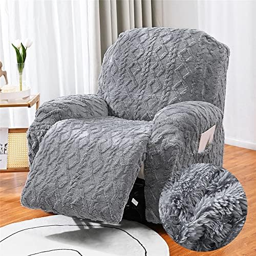 FANSU Stretch Recliner Chair Cover - Jacquard Plush Slipcover with Pockets for Electric Recliners & Armchairs (1 Seater, Grey) | Sofa Protector for Living Room, Home Theater & Office