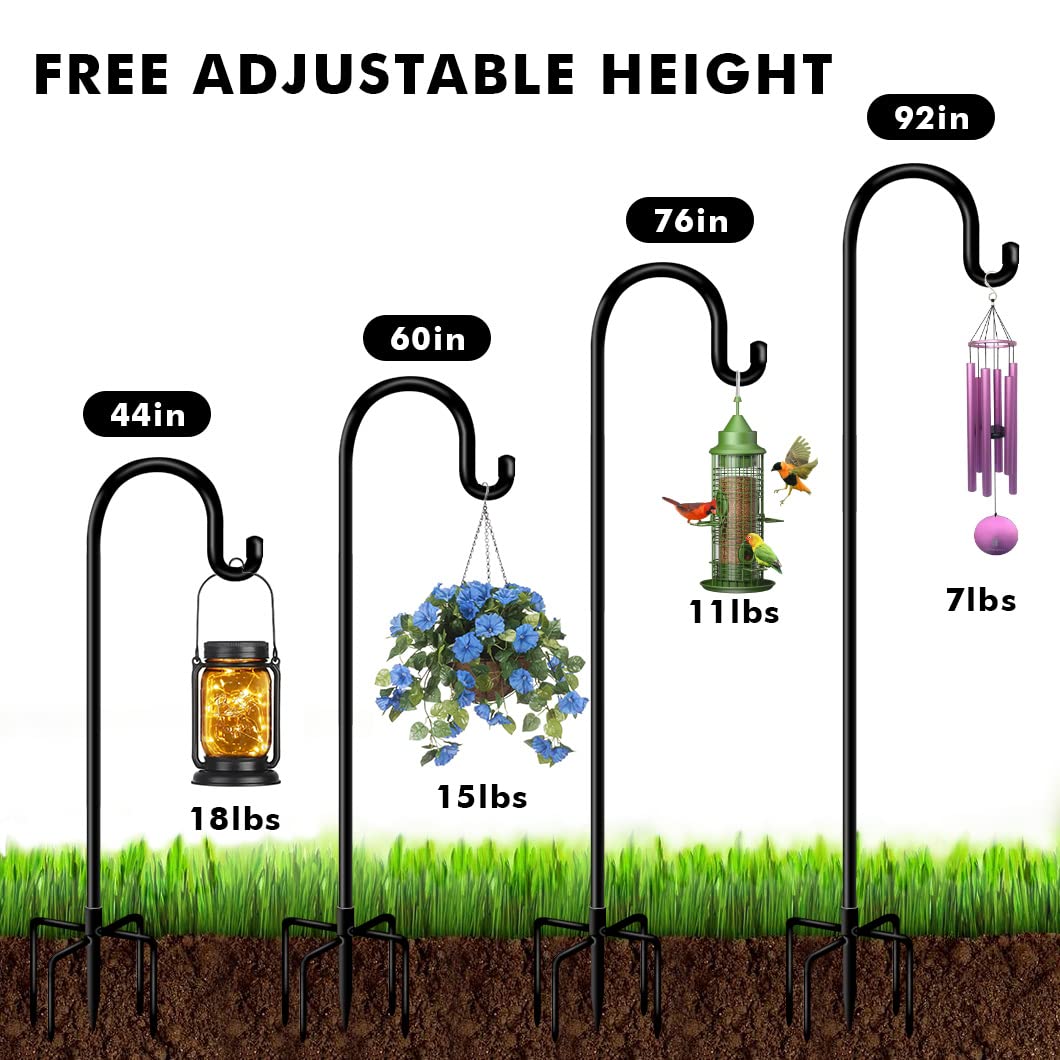 60 Inch Heavy Duty Adjustable Outdoor Shepherd Hooks for Hanging Plants - 2 Pack Black Garden Hooks for Solar Lanterns, Wind Chimes, Flower Baskets & Hummingbird Feeders - Perfect for Patio, Deck, Yard and Garden Decor