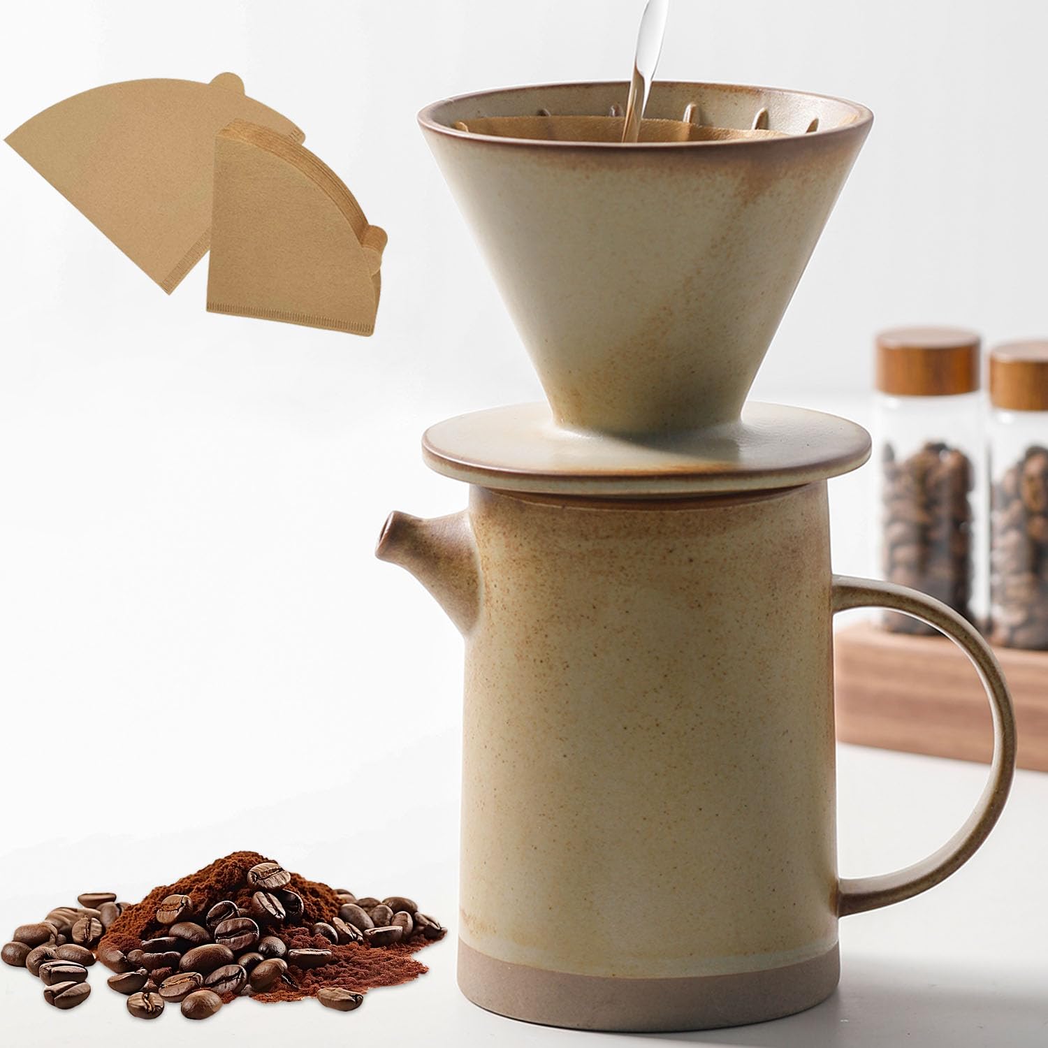 Vintage Ceramic V60 Pour Over Coffee Maker Set with 20 Paper Filters - 15.8oz Yellow Dripper for Home, Café, Restaurant & Camping - Perfect for Specialty Coffee Brewing and Outdoor Adventures