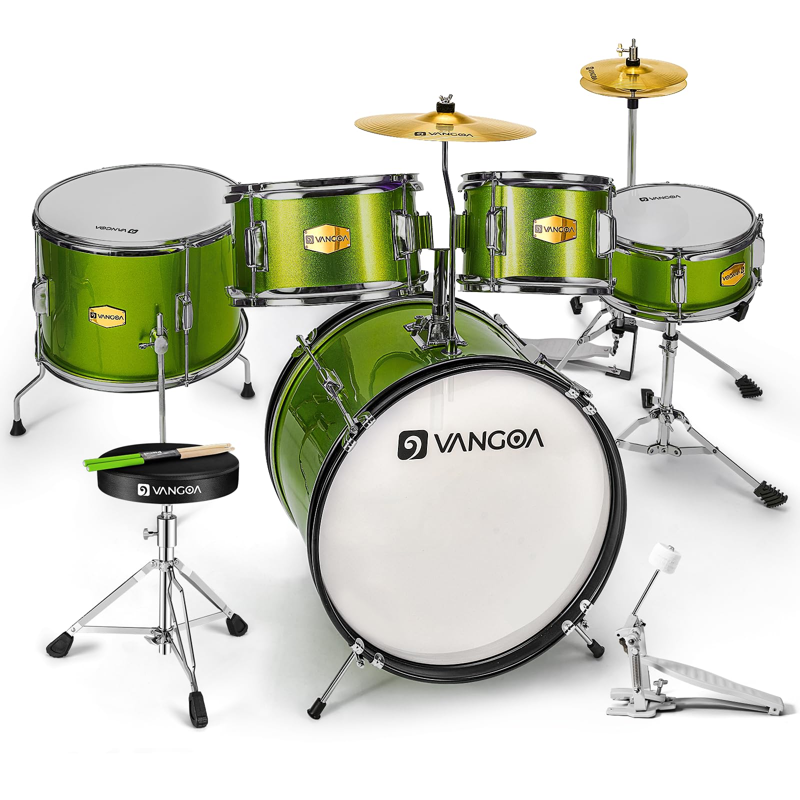Vangoa 5-Piece Junior Drum Set for Kids & Teens - 16 Inch Beginner Drum Kit with Adjustable Seat, Bass Drum, Toms, Snare, Cymbal, Hi-Hat & Drumsticks (Green) - Perfect for Home Practice, Music Lessons & Birthday Gifts