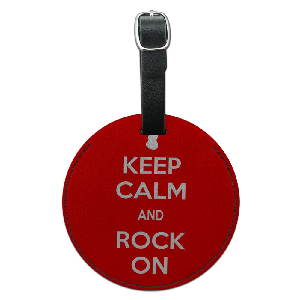 Keep Calm And Rock On Music Guitar Round Leather Luggage ID Tag - Personalized Suitcase Name Tag for Travel Bags, Backpacks & Guitar Cases - Perfect for Music Lovers & Touring Musicians