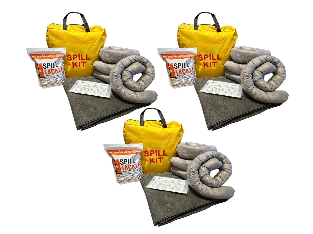 **Universal Spill Kit - 4 Absorbent Socks, 10 Pads, 2 lb Spill Tackle, Gloves & More - Yellow Duffle Bag for Hazardous Liquid Cleanup - Ideal for Labs, Garages, Factories**
