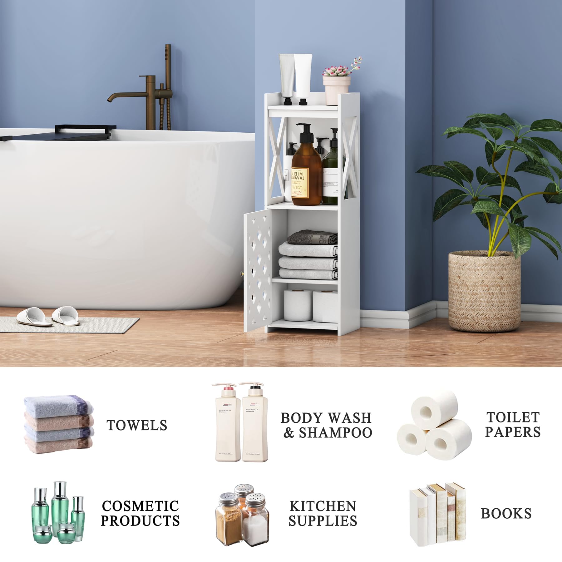 BYFU White Freestanding Bathroom Storage Cabinet with Door & Open Shelf - Narrow Space Organizer for Bathroom, Kitchen, Living Room | Perfect for Small Spaces, Apartment Storage & Home Organization