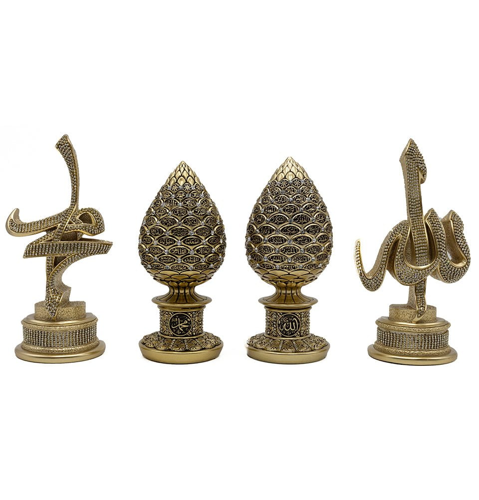 Islamic Table Decor 4 Piece Set - Allah & Muhammad with 99 Names Eggs in Gold | Eid Gift, Ramadan Decoration, Muslim Home Decor, Prayer Room Centerpiece