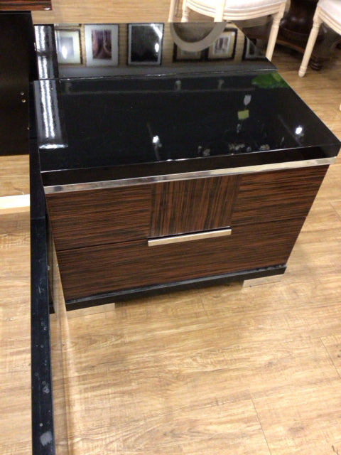 Alf Brown & Chrome Lacquered Two Drawer Nightstand - Modern Bedside Table with Storage for Bedroom, Living Room, or Guest Room - Perfect for Small Spaces and Home Decor