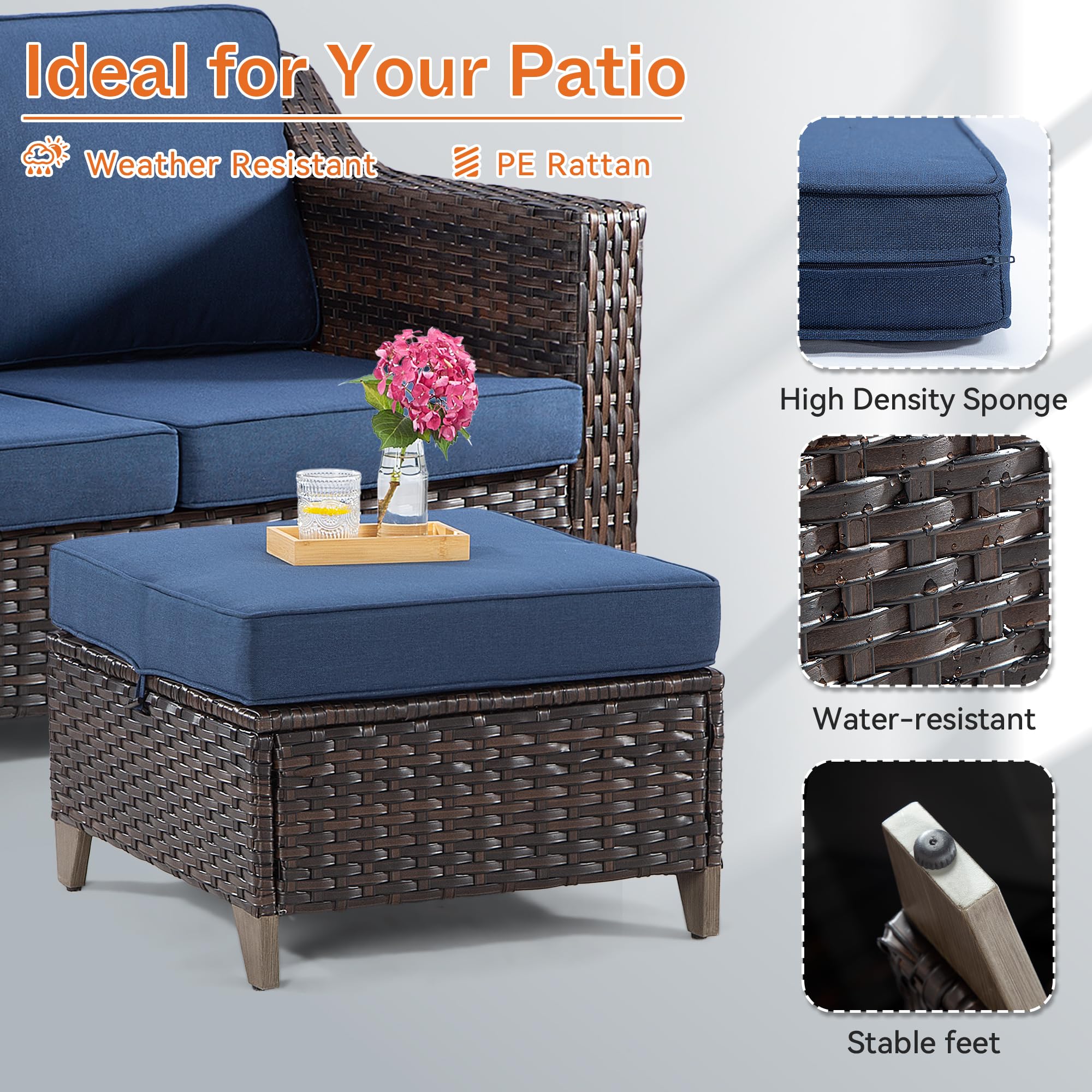 2-Piece All-Weather Outdoor Patio Ottoman Set with Removable Cushions - Waterproof Rattan Footstools for Garden, Backyard & Porch (Brown/Dark Blue) - Perfect for Relaxing, Entertaining & Outdoor Decor