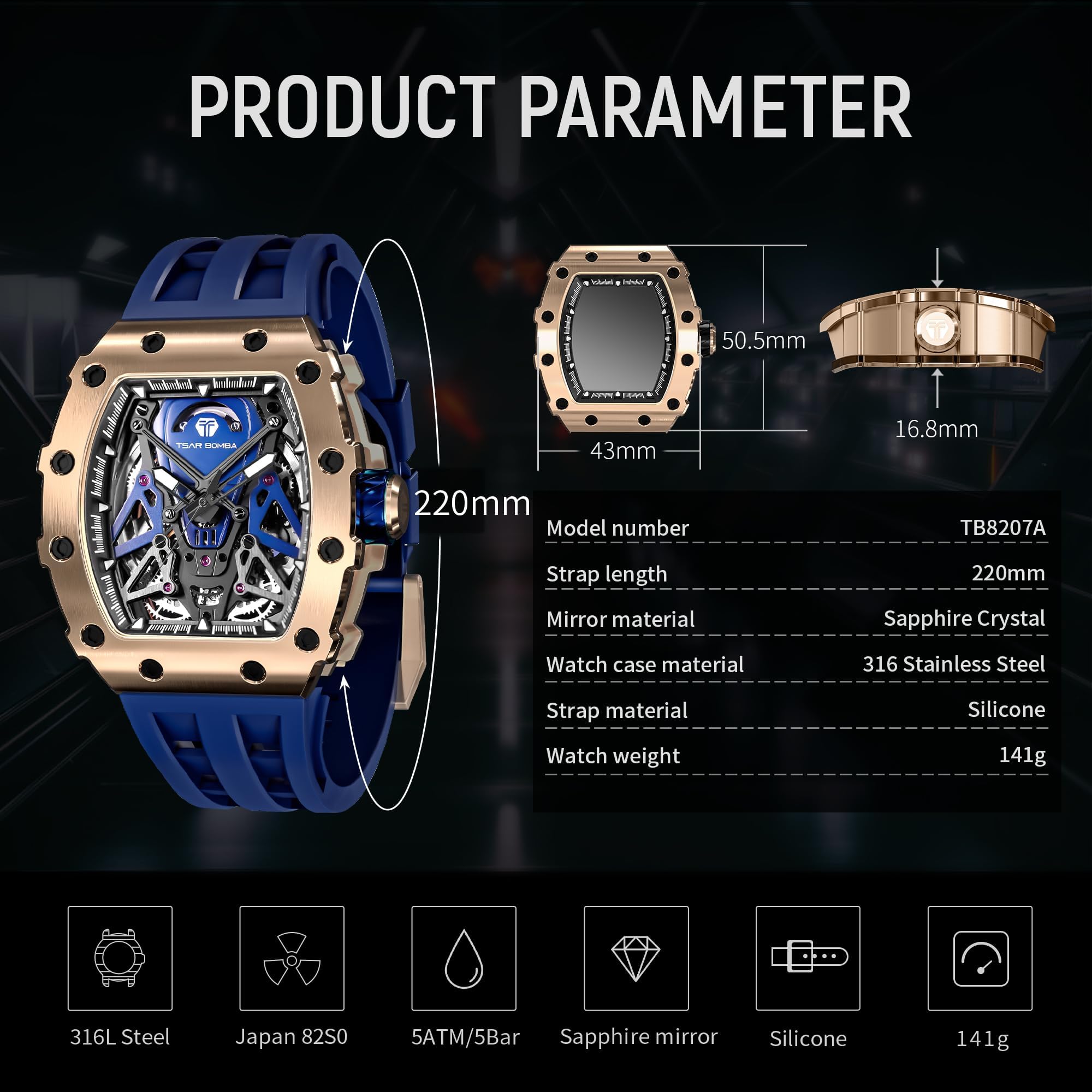 TSAR BOMBA Men's Luxury Automatic Skeleton Watch - Silver Square Big Face with Silicone Strap - 50M Waterproof Analog Wristwatch for Business, Casual & Formal Wear - Unique Cool Gift for Men