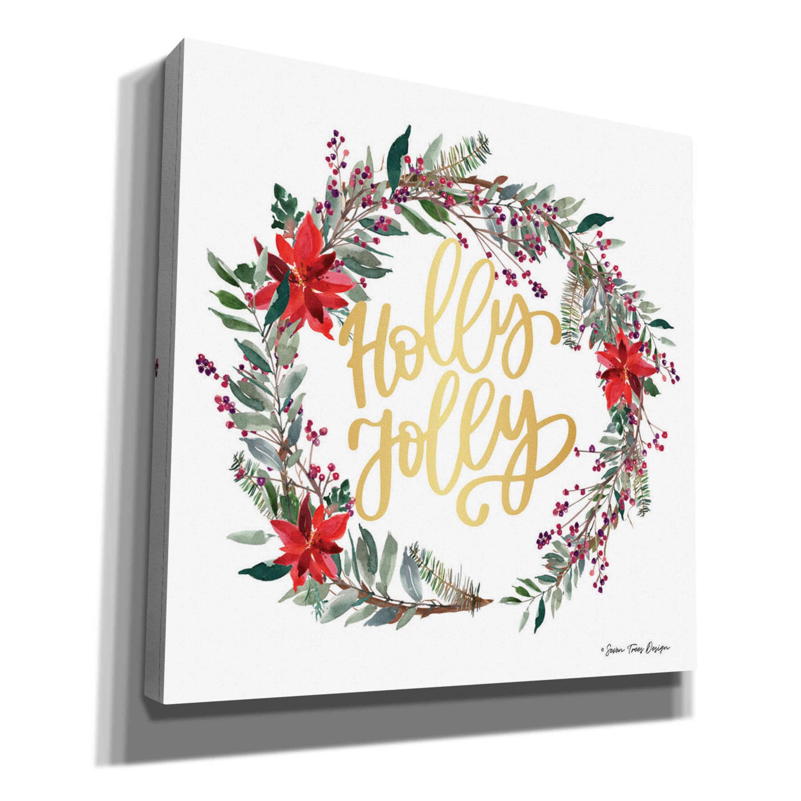 Seven Trees Design 'Holly Jolly Poinsettia Wreath' Canvas Wall Art - 26x26 Inches Christmas Holiday Decor for Home, Office & Gifts