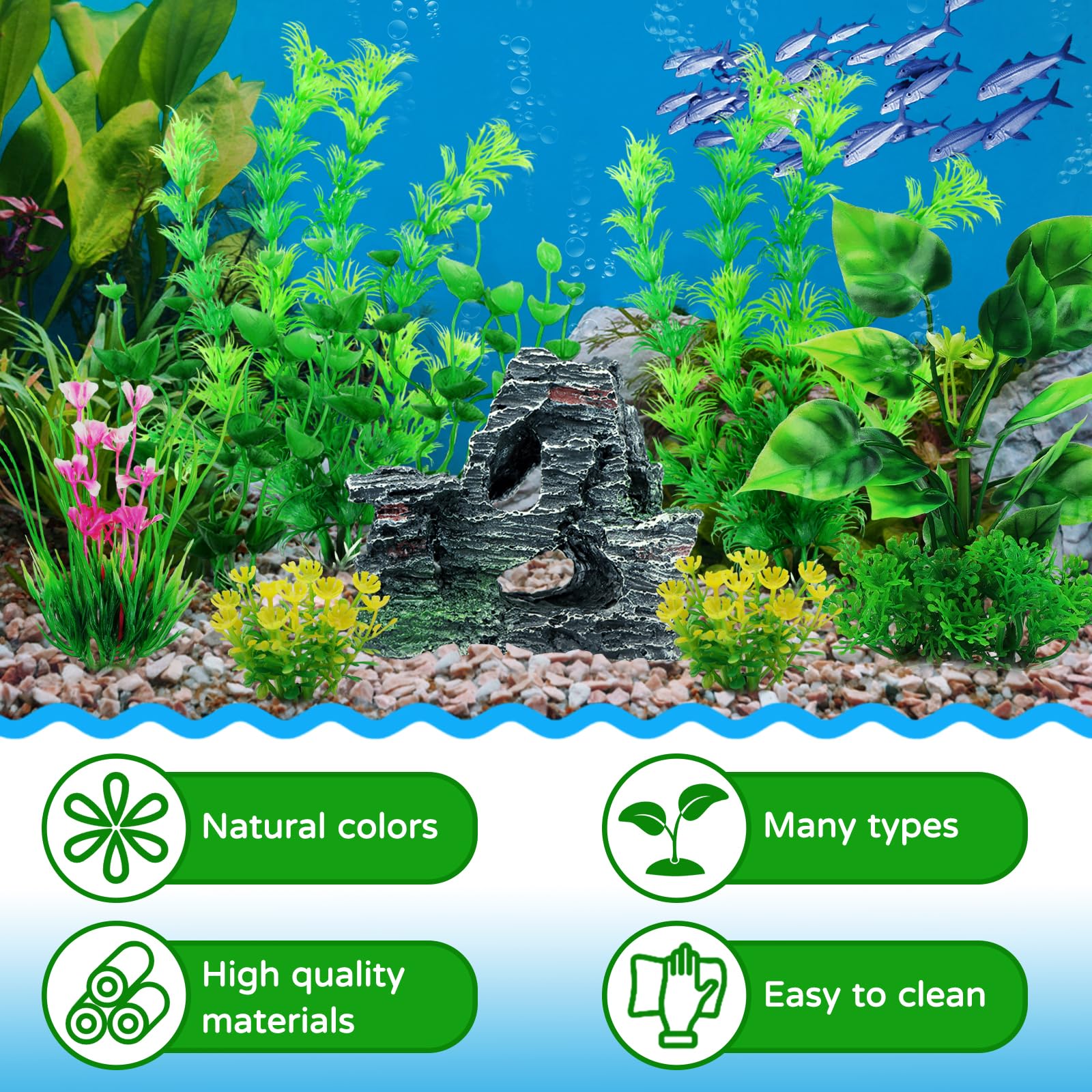 9pcs Artificial Aquarium Plants with Cave Rock Decor Set - Green Plastic Fish Tank Plants for Aquascaping & Betta Fish Habitat | Perfect for Freshwater Tanks, Home & Office Aquarium Decorations