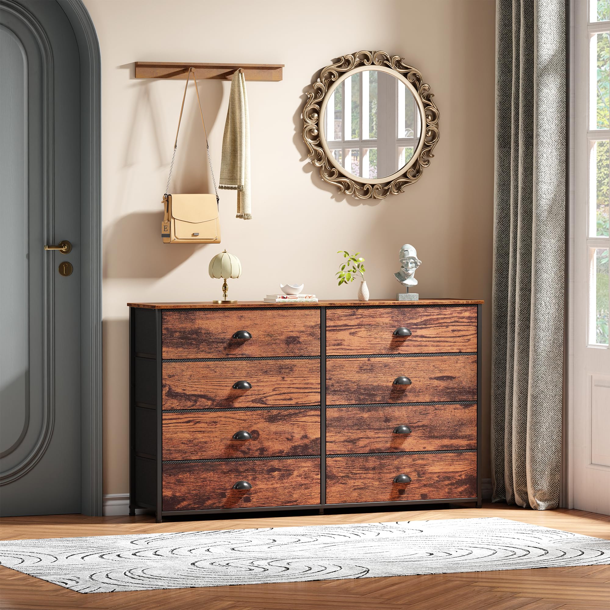 Furnulem 55'' TV Stand with 8 Fabric Bins - Rustic Brown Long Dresser for Bedroom, Office, Dorm, Closet & Entryway - Wide Storage Drawer Unit with Wood Top - Perfect for Living Room, Bedroom Organization & Media Storage