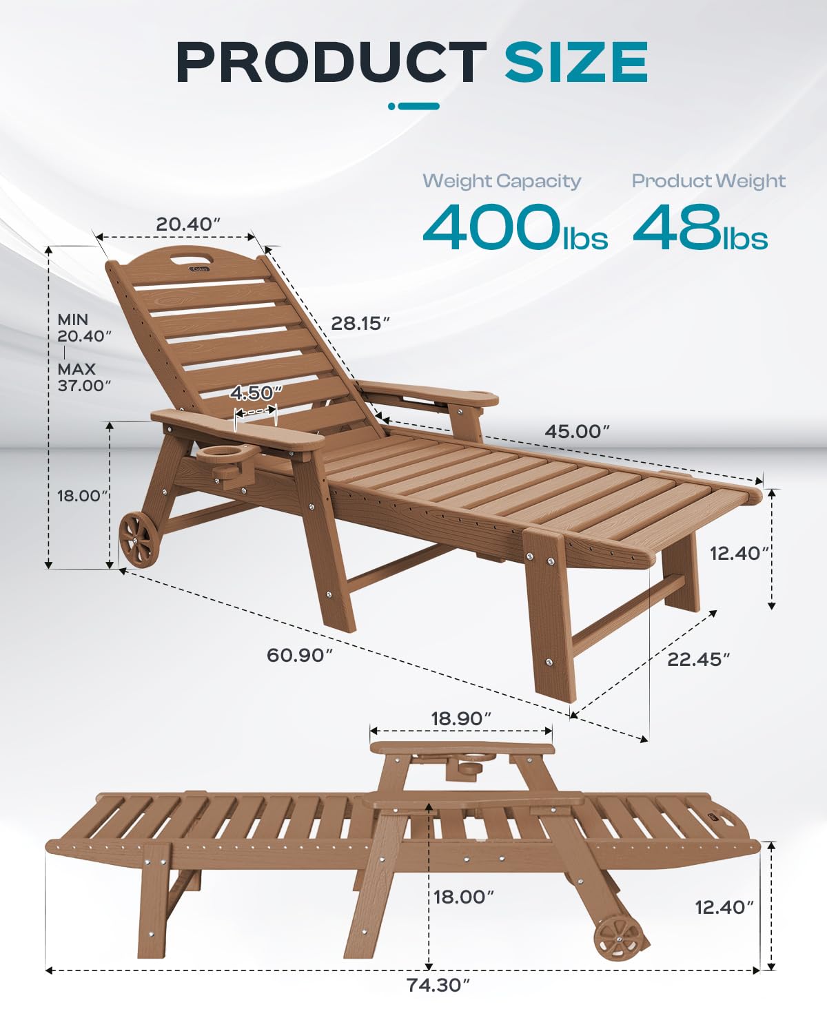 Premium Oversized HDPE Patio Lounge Chair with 5-Position Adjustable Back & Wheels - Outdoor Chaise with Cup Holder for Poolside, Deck, Garden & Backyard Relaxation
