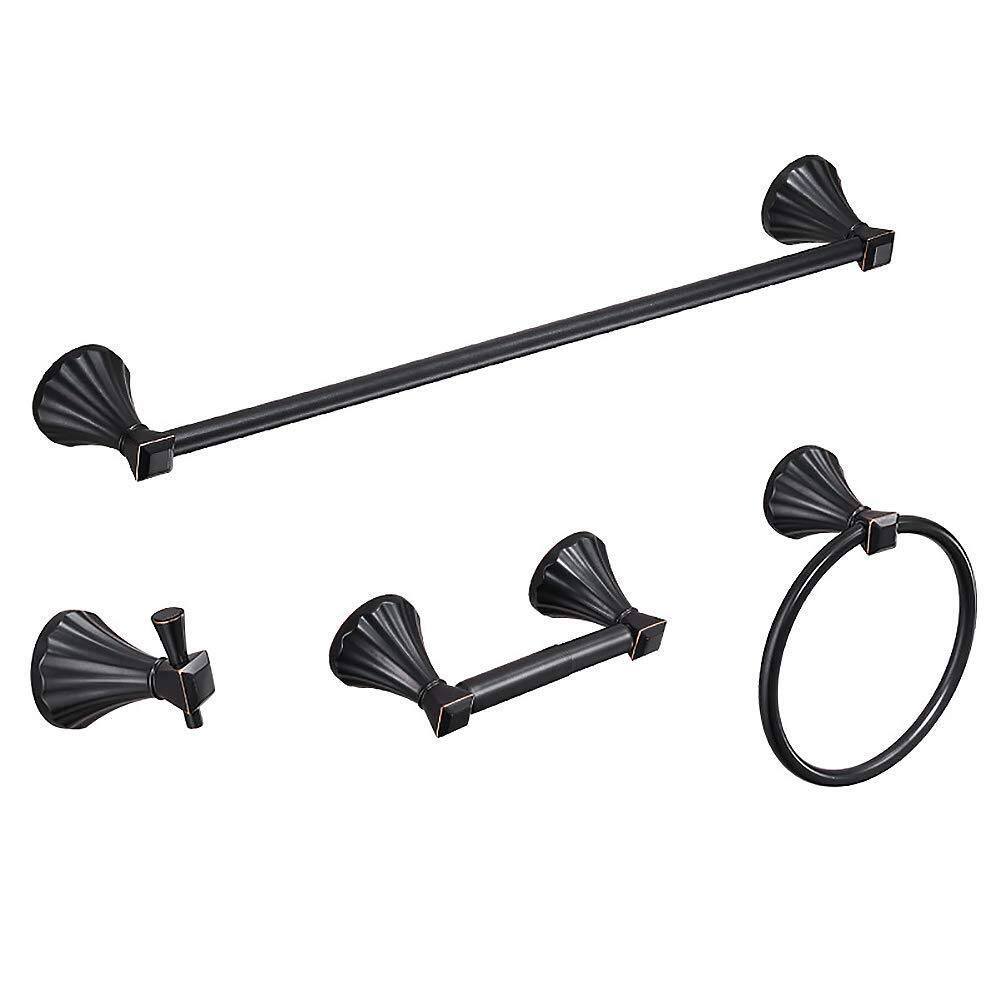 4-Piece Wall Mounted Storage Shelf Set - Multipurpose Towel Bar, Towel Ring, Toilet Paper Holder & Clothes Hook - Space Saving Aluminum Bathroom Organizer in Matte Black - Perfect for Small Bathrooms, Apartments & Vanities