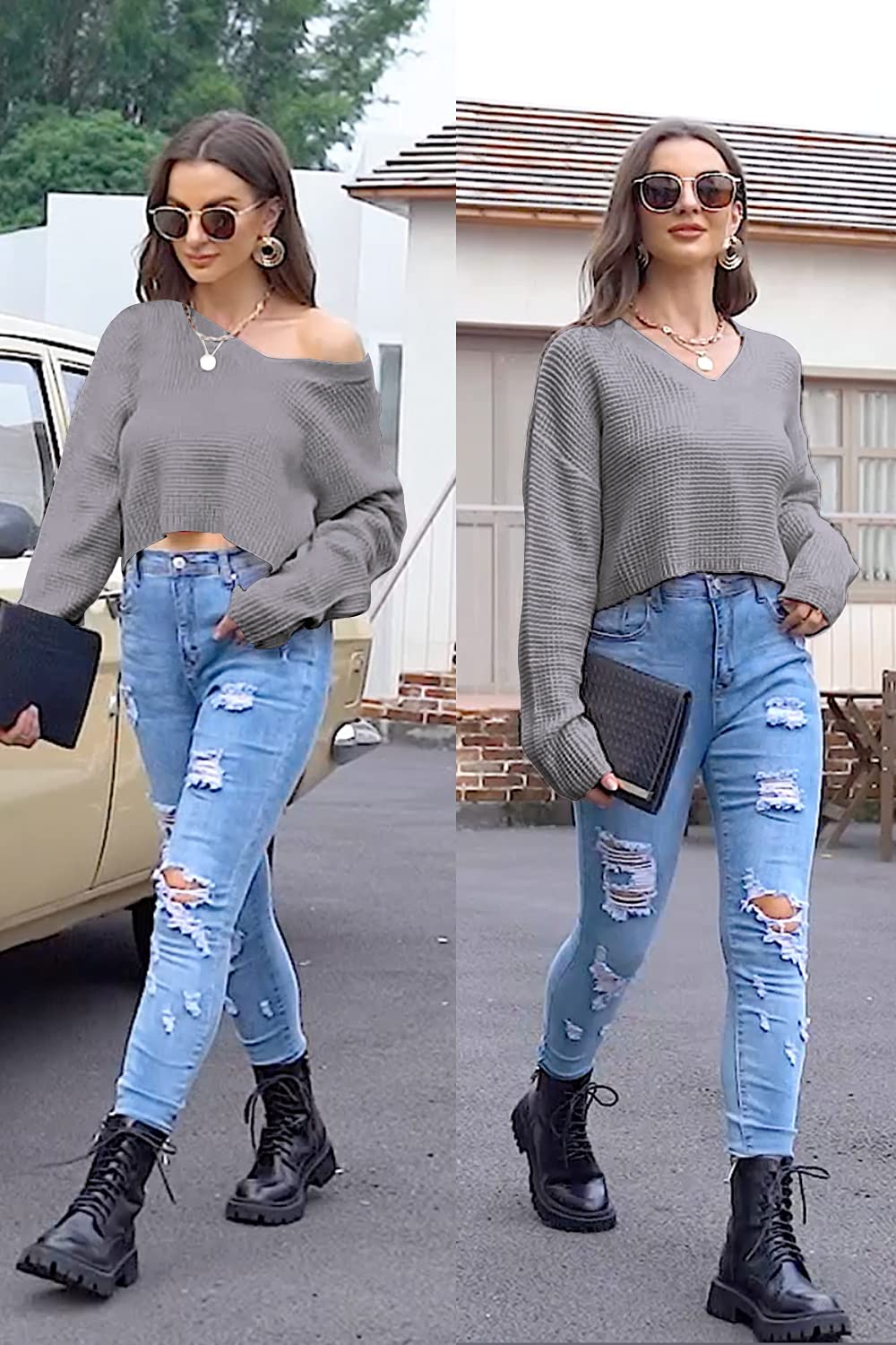 Jumppmile Women's V-Neck Waffle Knit Cropped Top Long Sleeve Pullover Sweater | Casual Fall Winter Layering Piece for Outfits & Date Nights