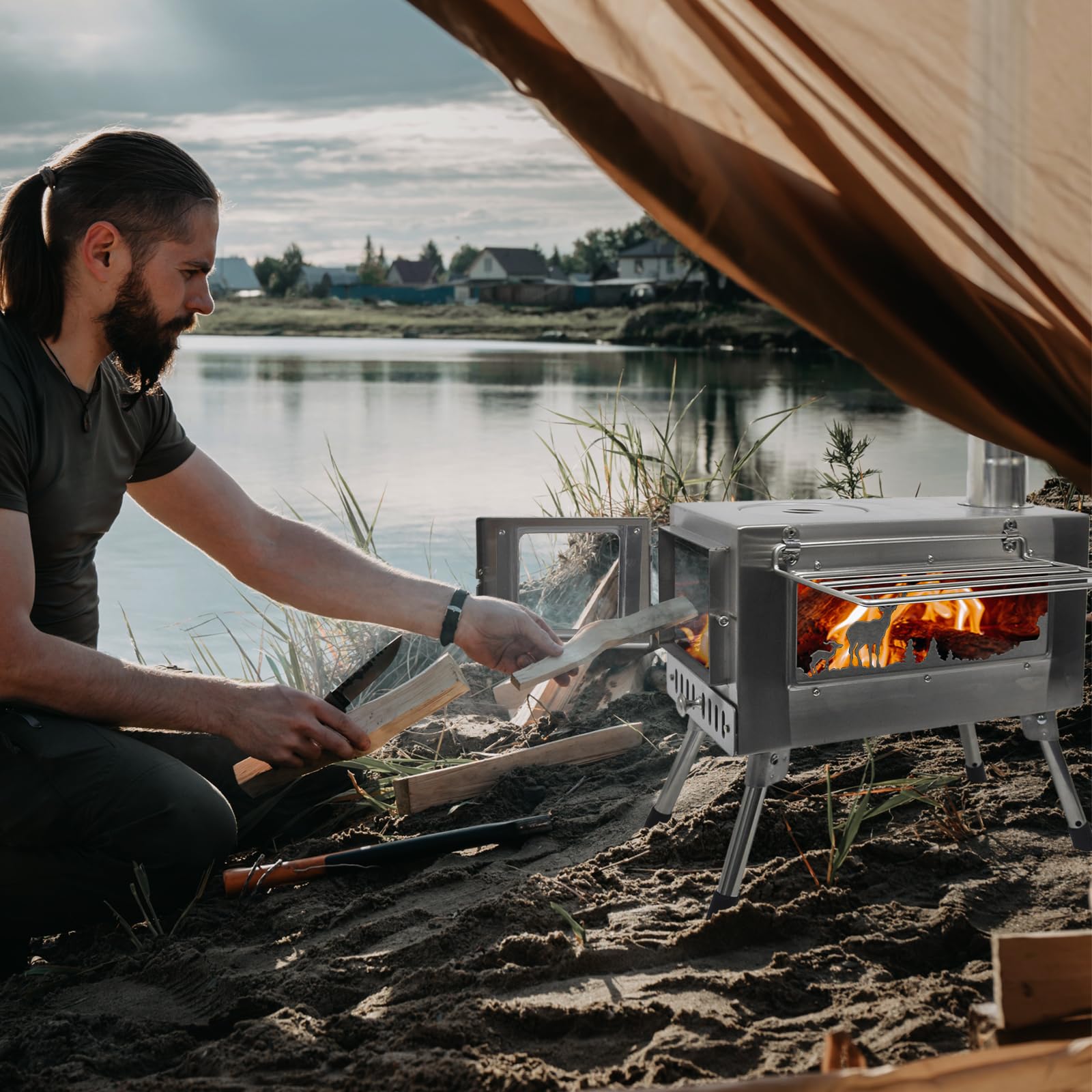 Portable Outdoor Wood Burning Stove with Chimney Pipe - Camping, Hiking, Backpacking Cook Stove for Cooking, Fishing & Tent Use - Perfect for Outdoor Adventures & Emergency Preparedness