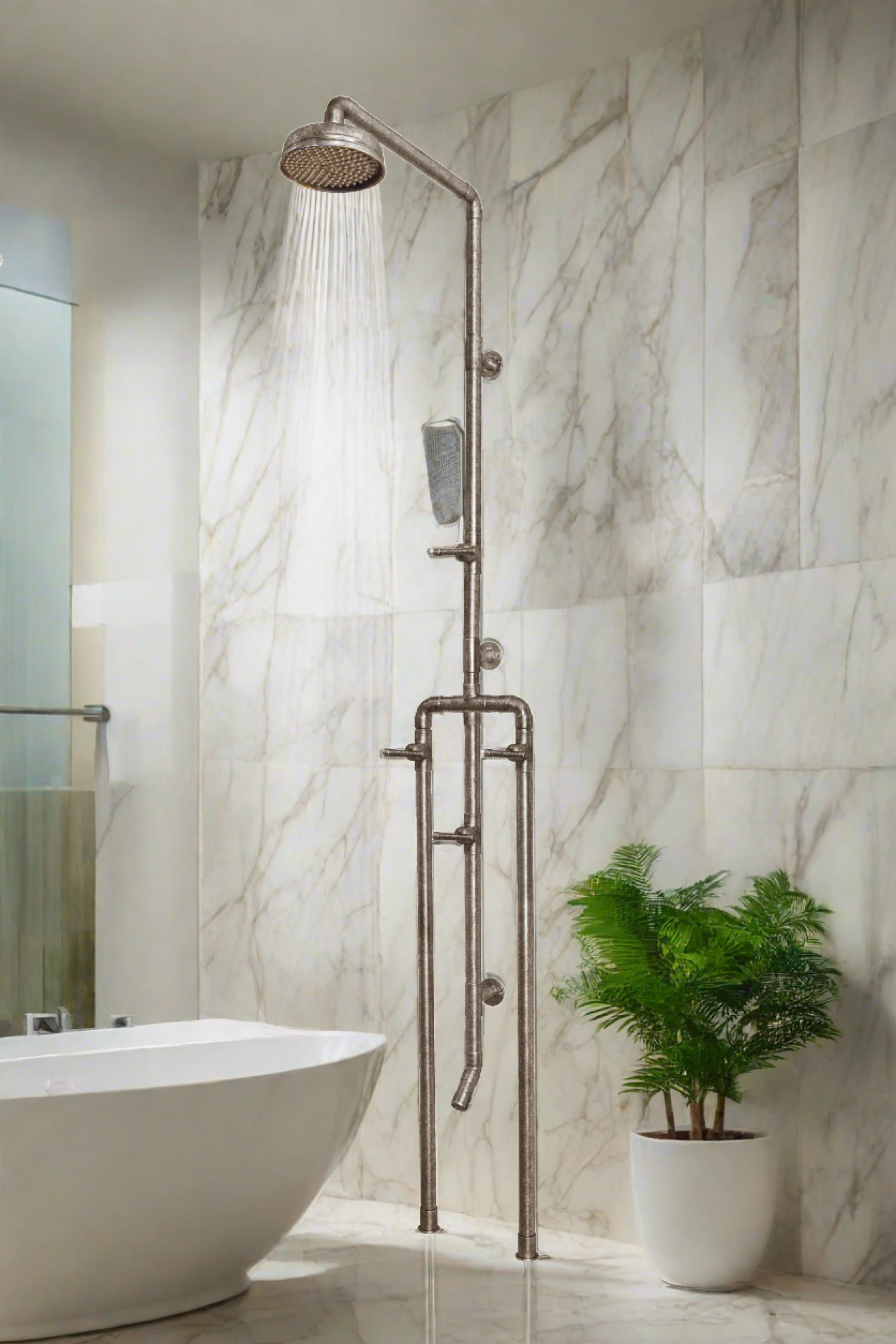 Premium Floor Mount Exposed Shower System with Rainfall Showerhead & Foot Sprayer - Luxury Spa Experience for Modern Bathrooms