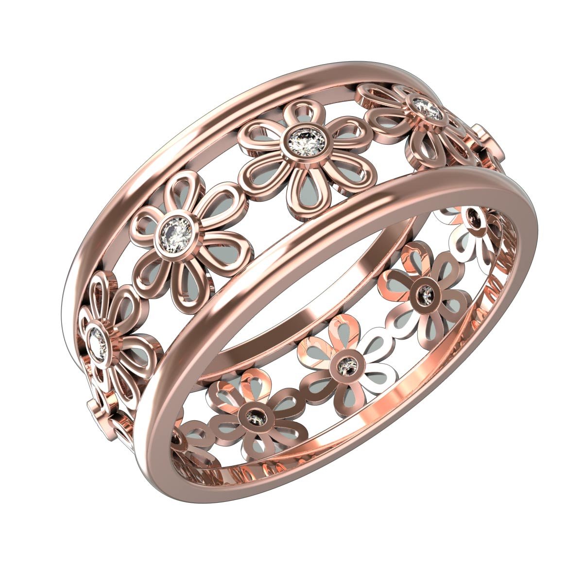 14K Gold Six Petal Floral Eternity Band Ring with 0.16 Carat Diamonds - 7mm Width for Wedding, Anniversary & Special Occasion Jewelry Gift