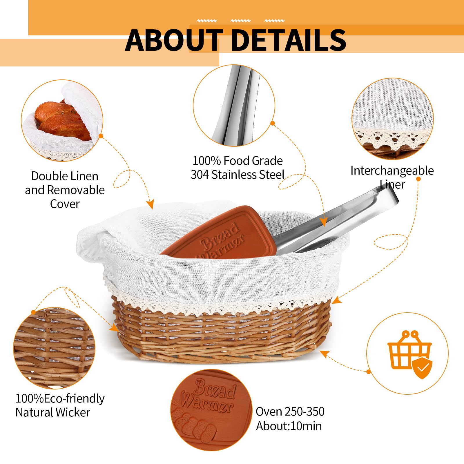 Havawish 3-Piece Handmade Wicker Bread Basket Set with Terracotta Warmer Stones - Includes Removable Liner Cover and Tongs (3 Sizes) - Perfect for Serving Warm Bread, Pastries, Fruits at Restaurants, Cafes, and Home Dining