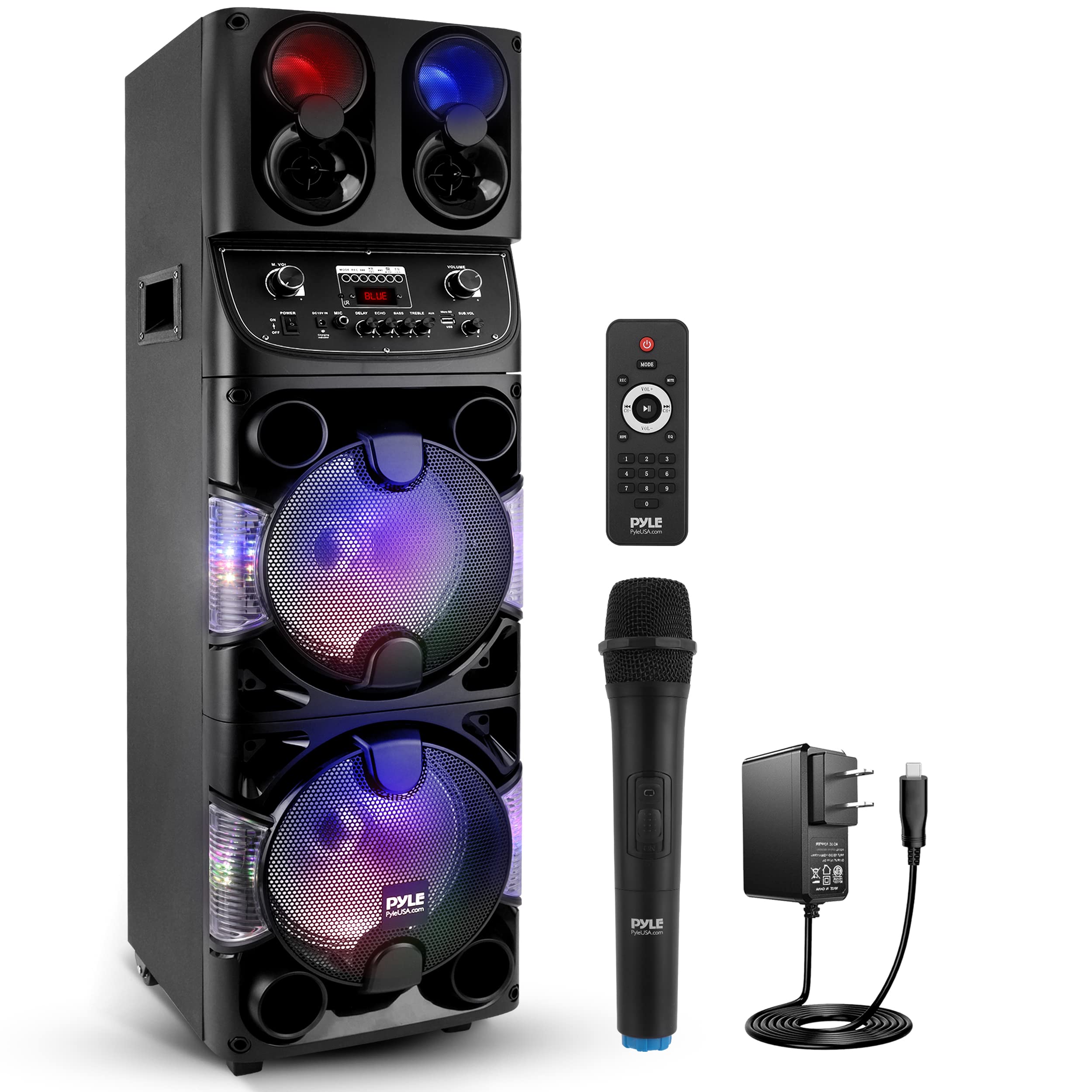 Pyle 600W Portable Bluetooth PA Speaker - Dual 10” Rechargeable Indoor/Outdoor Karaoke System with Wireless Mic - LED Display, FM/AUX/MP3/USB/SD, 1/4