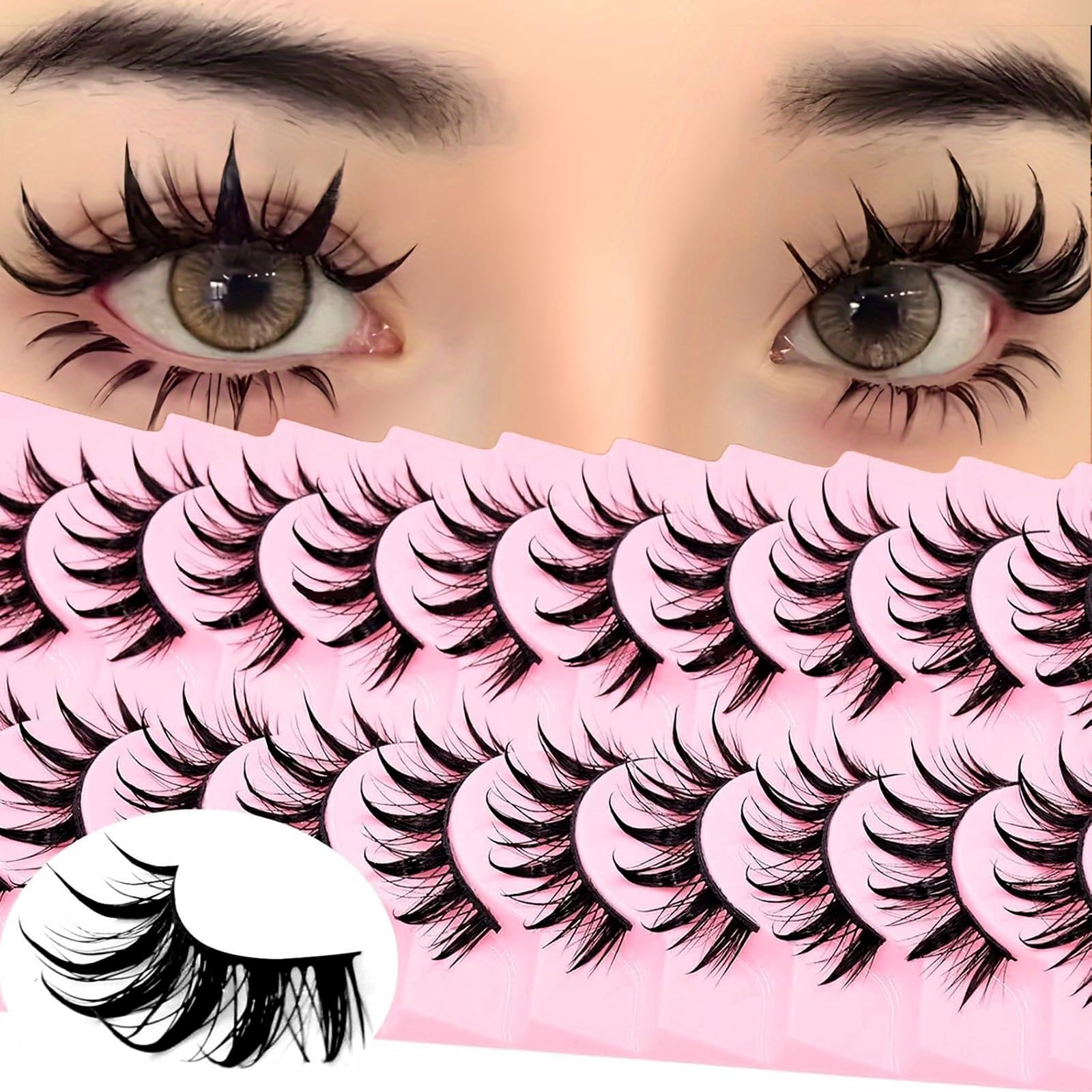 10 Pairs Natural Wispy Manga Lashes - 16mm Spiky Anime Cat Eye Faux Mink Eyelashes for Cosplay & Everyday Makeup | Japanese Style False Eyelash Clusters for Dramatic Eye Look