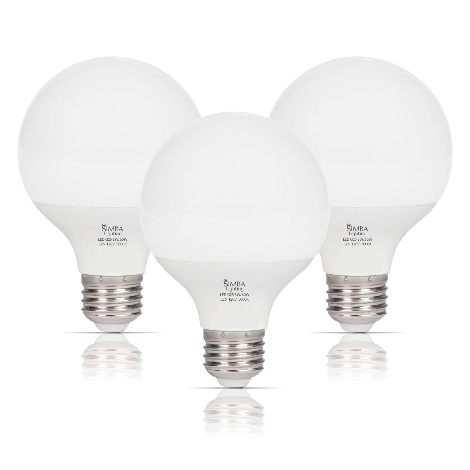 Simba Lighting LED Vanity Globe G25 (G80) Light Bulb - 8W (60W Equivalent), 5000K Daylight, Frosted White, E26 Medium Base, 120V - Perfect for Bathroom, Makeup Mirror & Decorative Lighting (Pack of 3)