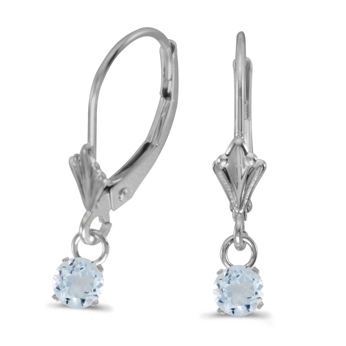 14K White Gold 5mm Round Genuine Aquamarine Lever-back Earrings for Women | Elegant March Birthstone Jewelry Gift for Her | Perfect for Weddings, Parties & Special Occasions