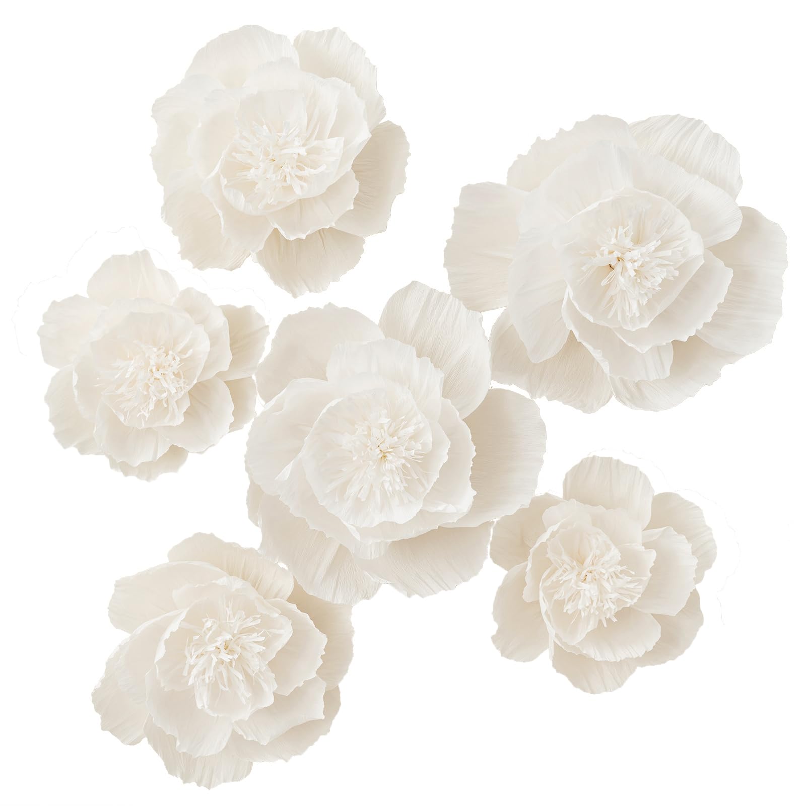 White Crepe Paper Flowers Set of 6 - Wedding, Baby Shower & Party Decor