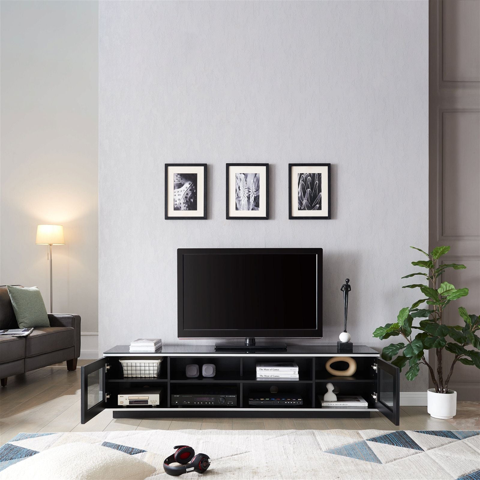 Tauris Diablo 180cm Black TV Stand with Tempered Glass - Modern Entertainment Center for Living Room, Bedroom & Home Theater