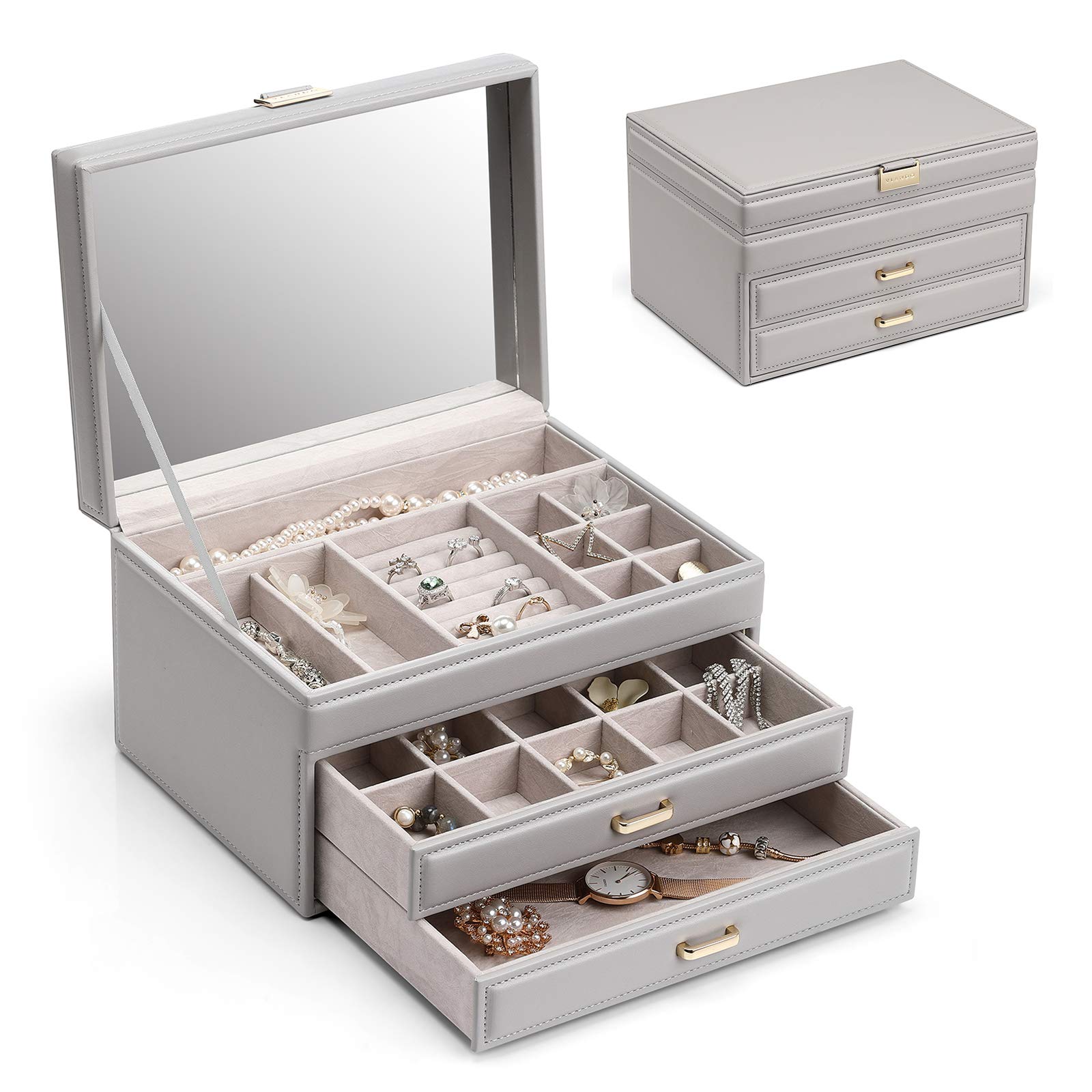 Vlando Large Jewelry Box for Women - Faux Leather Jewelry Organizer with Mirror, Holds Earrings, Necklaces, Bracelets - Perfect Gift for Girls & Women (Grey, Mirror Lid) - Ideal for Bedroom Vanity, Travel & Jewelry Storage