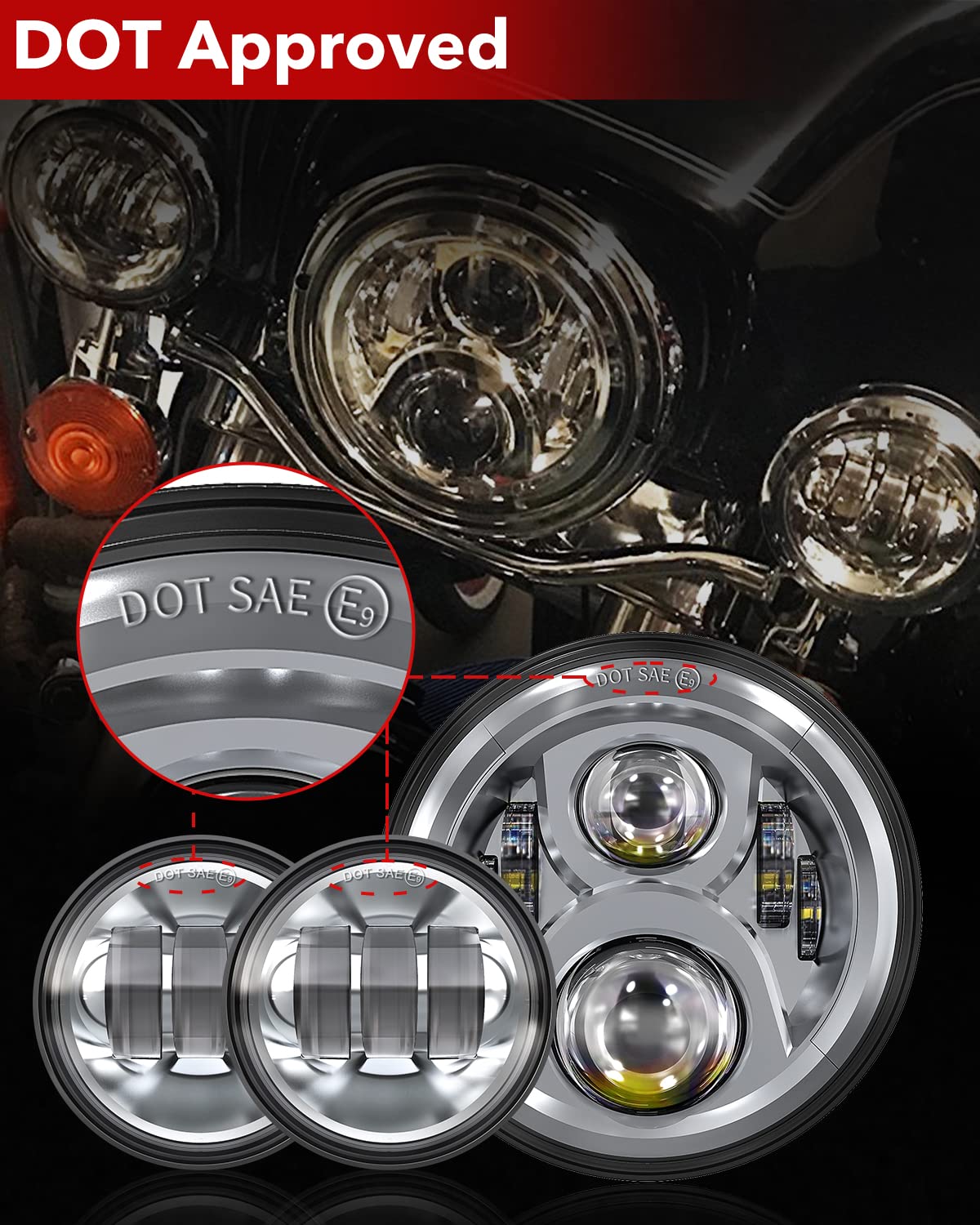 BICYACO 7 Inch LED Motorcycle Headlight with 4.5 Inch Fog Lights - DOT SAE Approved - Compatible with Harley Davidson Electra Glide, Street Glide, Fat Boy, Road King & Softail - High Visibility for Night Riding & Off-Road Adventures