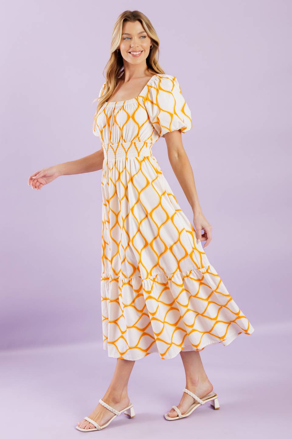 Stylish Yellow Lattice Print Midi Dress for Women - Perfect for Summer Outfits, Beach Vacations & Casual Wear