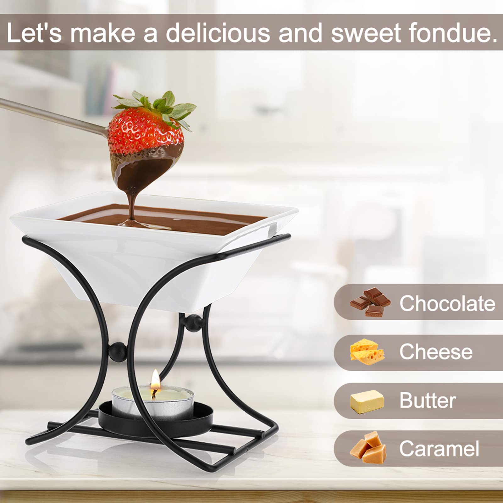 Premium Ceramic Butter Warmer Set - 3-Piece Fondue Pot Melting Kit for Cheese, Chocolate, Butter & Caramel - Perfect for Romantic Dinners, Parties & Family Gatherings