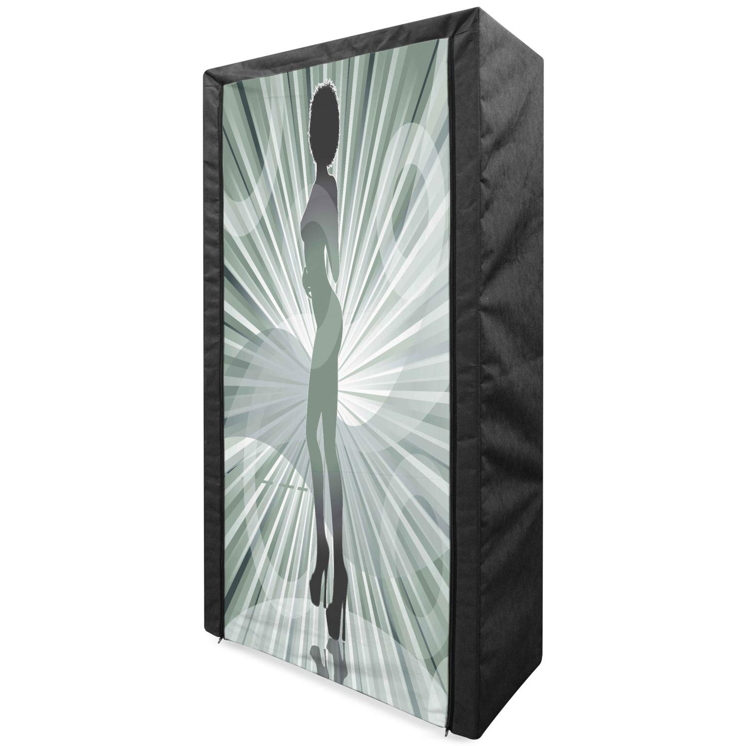 Ambesonne African American Portable Fabric Wardrobe - Afro American Women High Heels Silhouette with Ray Background Pattern - 33.5 Inch Black Clothing Organizer with Shelves for Bedroom, Closet & Dorm Storage