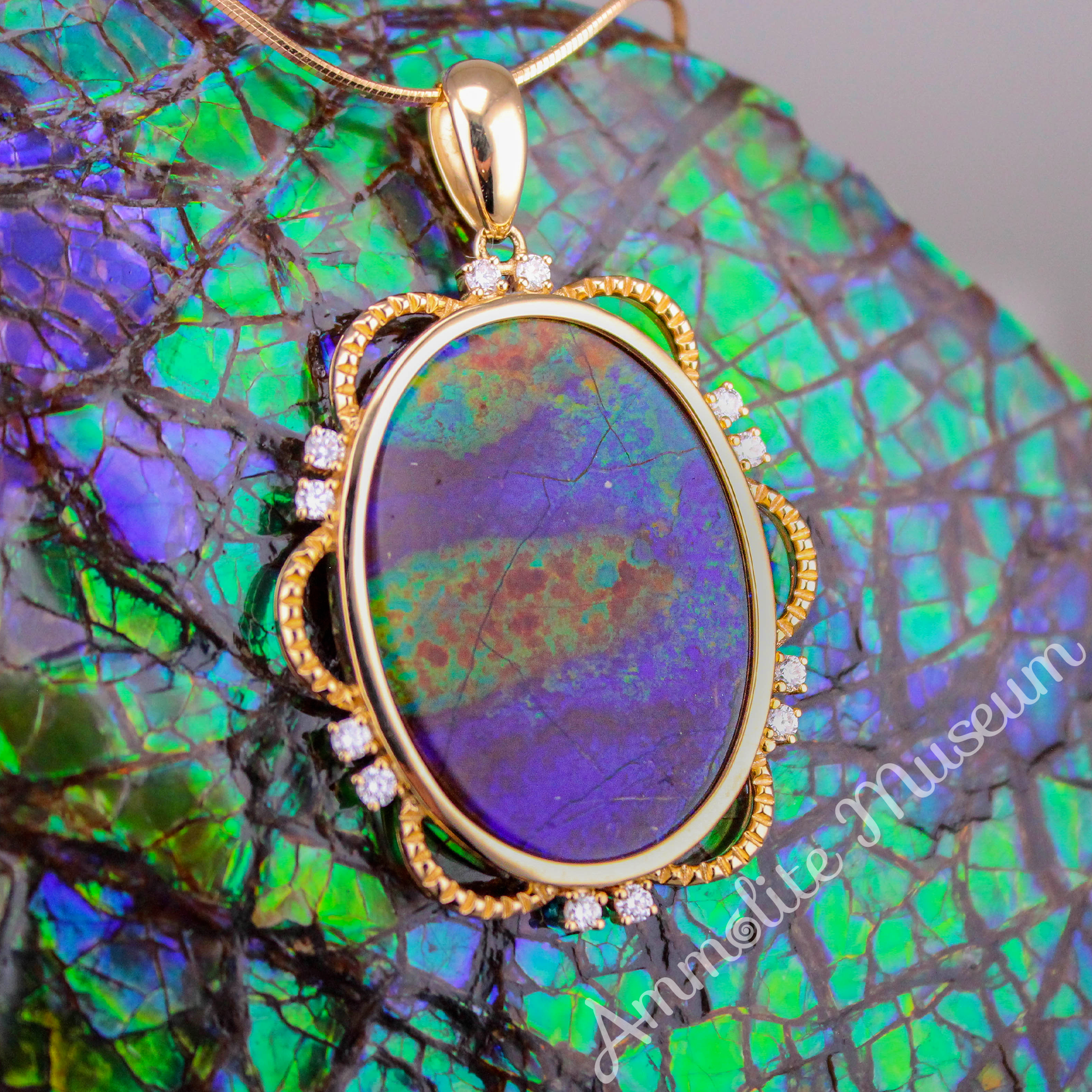 14K Gold Ammolite Pendant with Diamond Accents - Elegant Oval Gemstone Jewelry for Women, Perfect for Gifts, Parties & Special Occasions