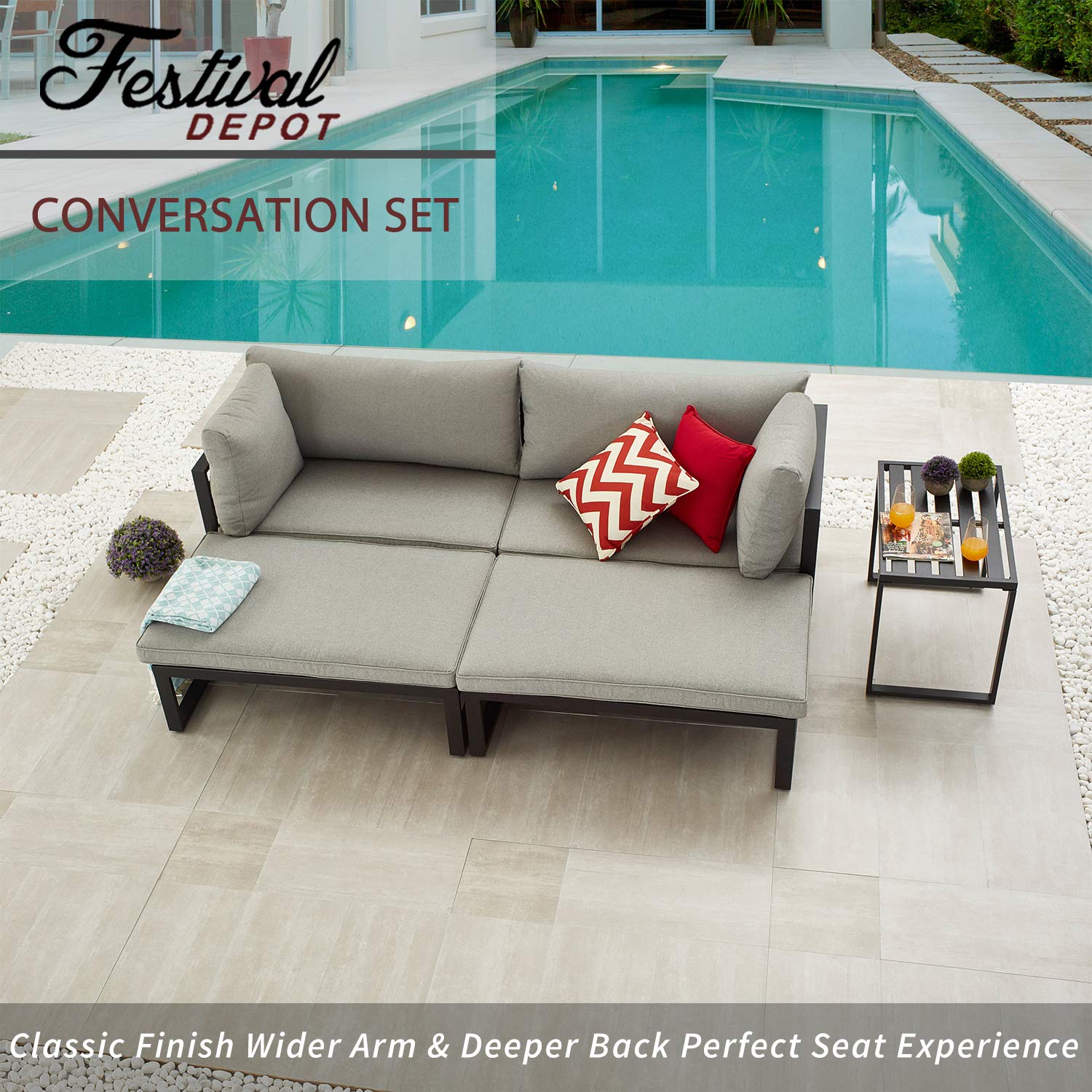 5-Piece Outdoor Patio Furniture Set - Metal Corner Sectional Sofa with Cushions, Armchairs, Coffee Table & Ottomans for Garden, Poolside & Backyard Relaxation