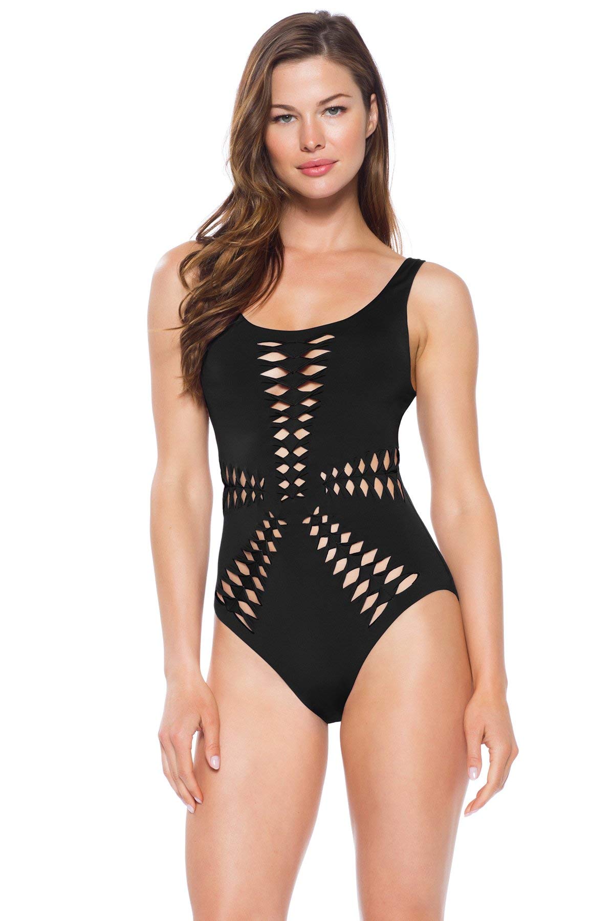 Becca by Rebecca Virtue Women's Origami Cutout One Piece Swimsuit - Sexy Black Bathing Suit for Women, Tummy Control Swimwear for Beach & Pool Vacations