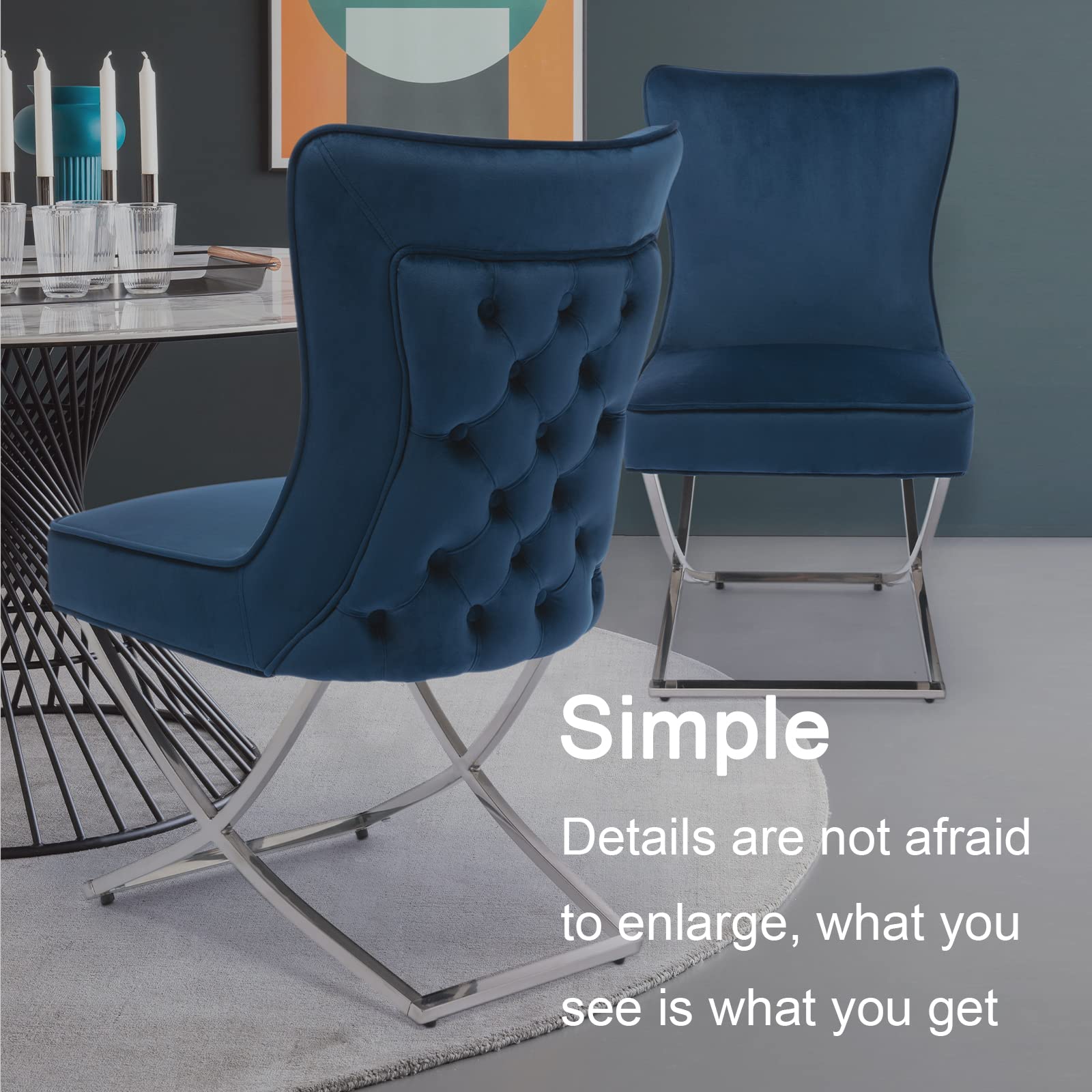 Luxury Velvet Dining Chairs Set of 2 - Modern Accent Chairs with Stainless Steel Legs for Dining Room & Living Room - Dark Blue Velvet Upholstered Seating - Perfect for Home Decor, Dinner Parties & Cozy Gatherings