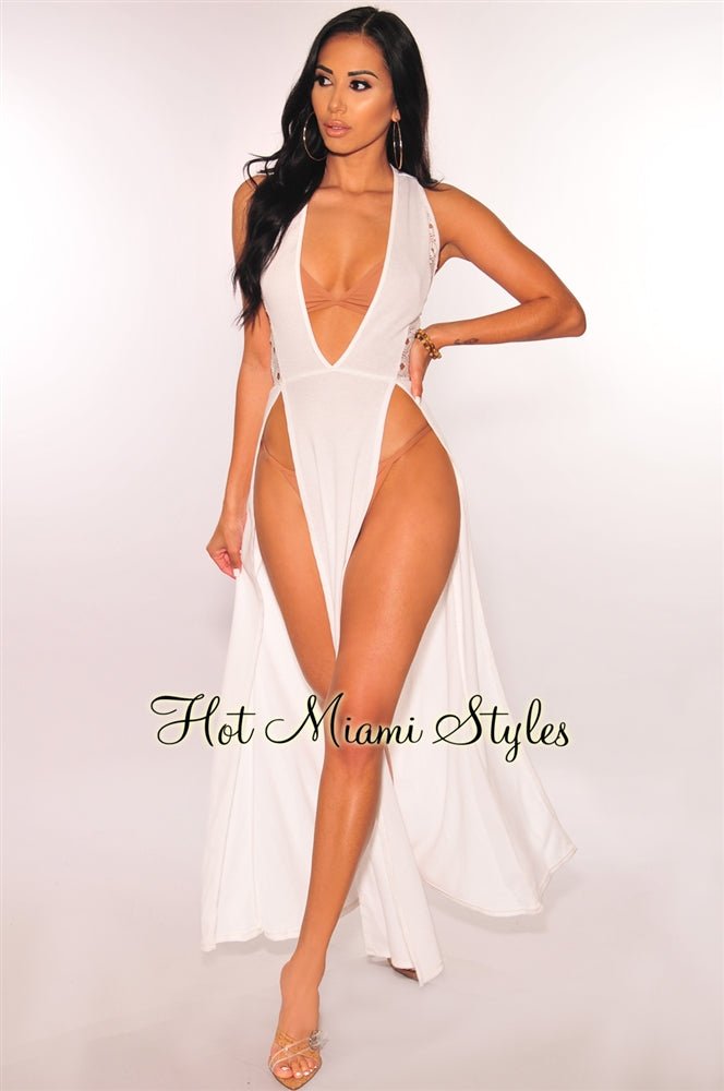 Elegant White Crochet Double Slit Maxi Dress for Women - Boho Beach Cover Up, Summer Vacation, Pool Party & Date Night Outfit