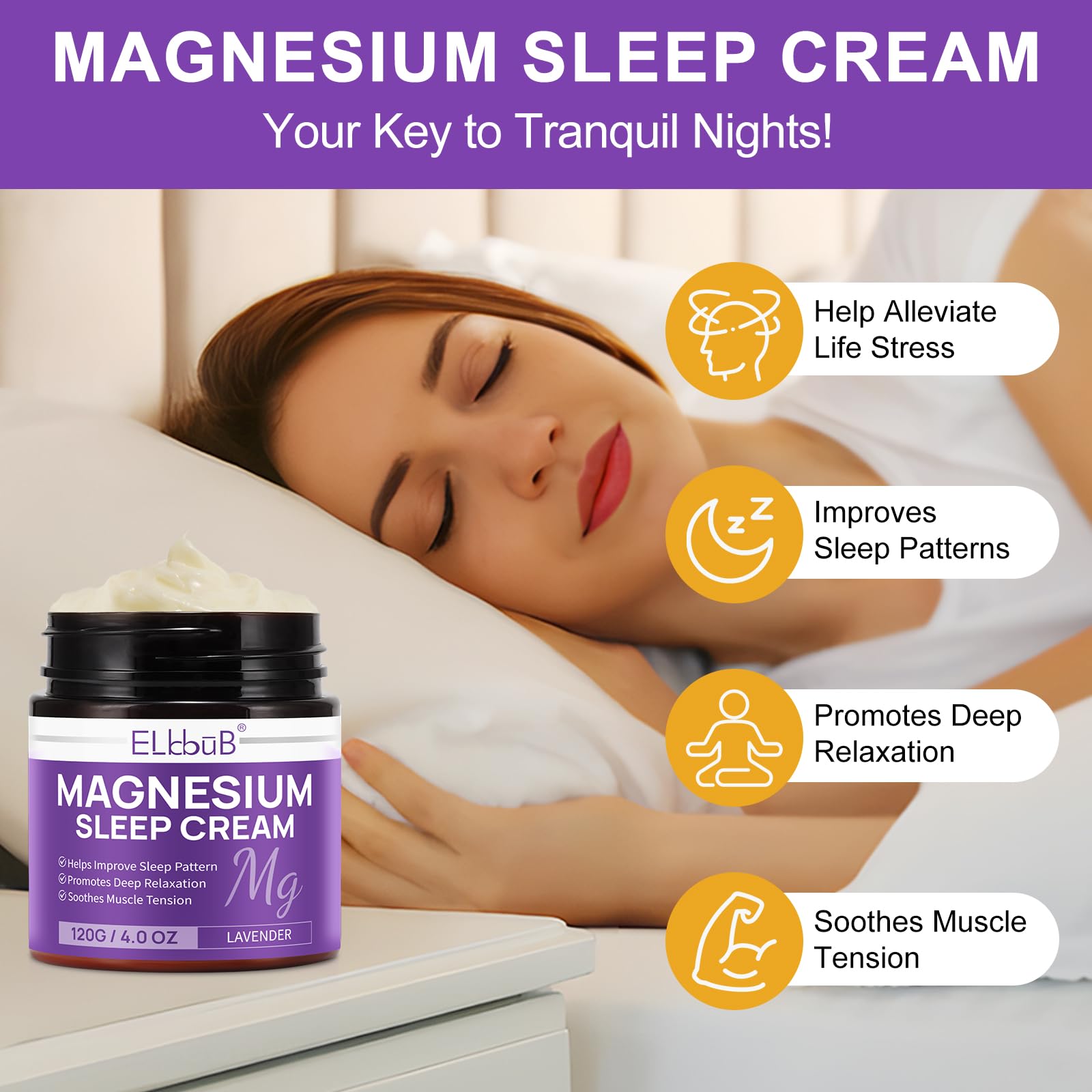 Natural Magnesium Cream for Sleep & Relaxation - Enriched with Almond Oil, Lavender & Vitamin E - Fast Absorbing Magnesium Lotion for Skin Nourishment & Muscle Recovery - Perfect for Nighttime Use, Stress Relief & Post-Workout Recovery